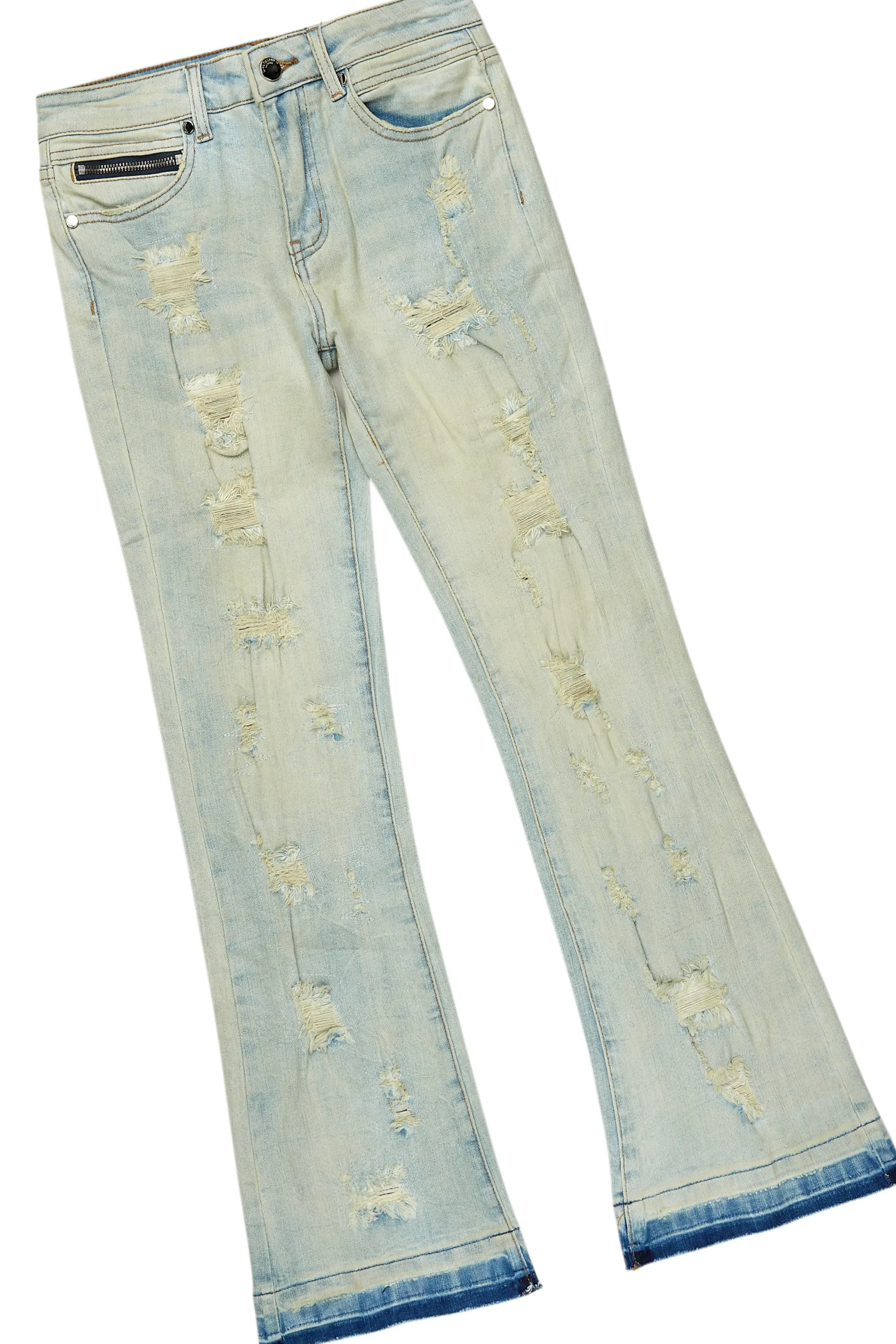 Boys Beau Beige/Blue Hoodie/Stacked Flare Jean Set - Image 4