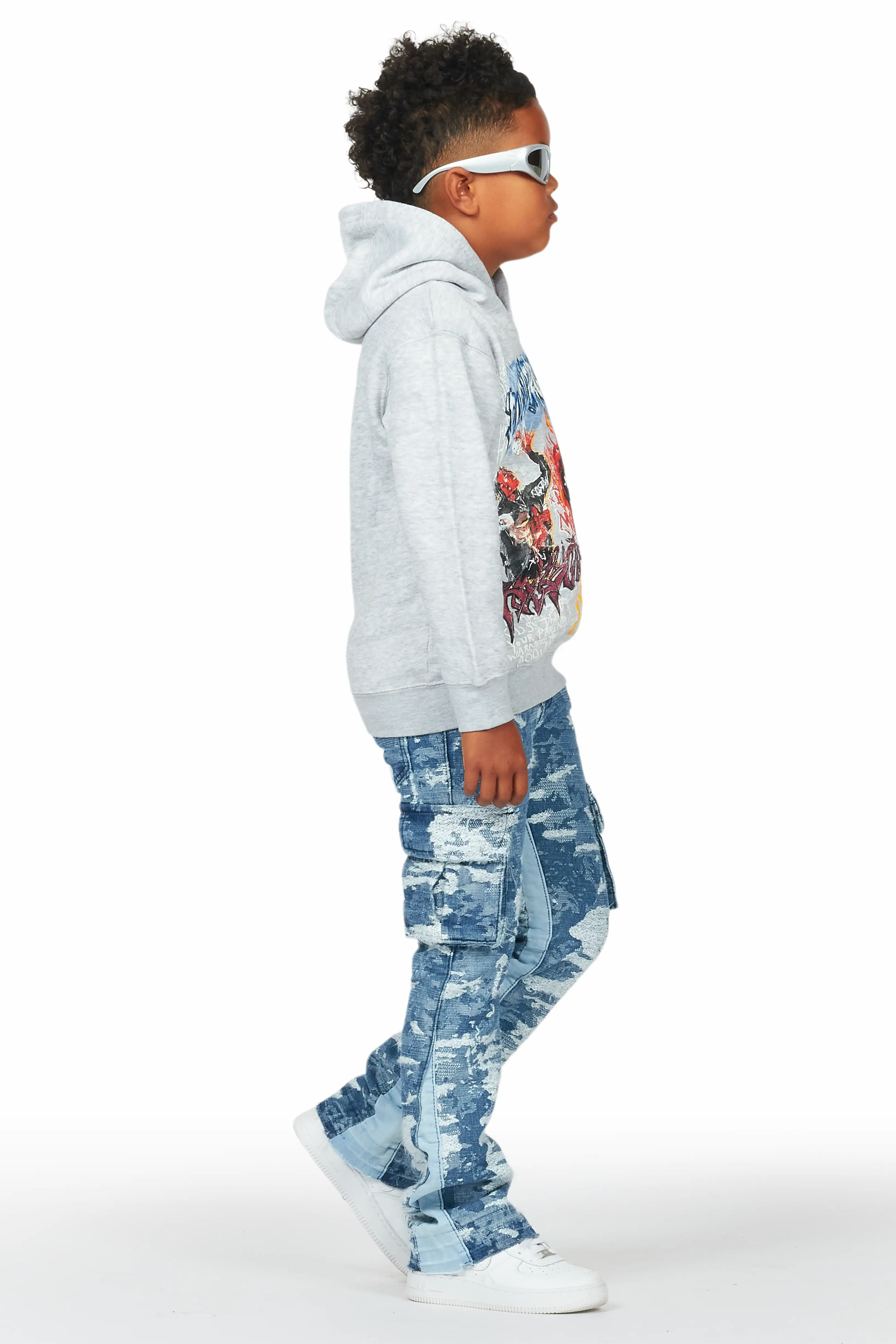 Boys Yooz Grey Hoodie/Stacked Flare Jean Set - Image 3