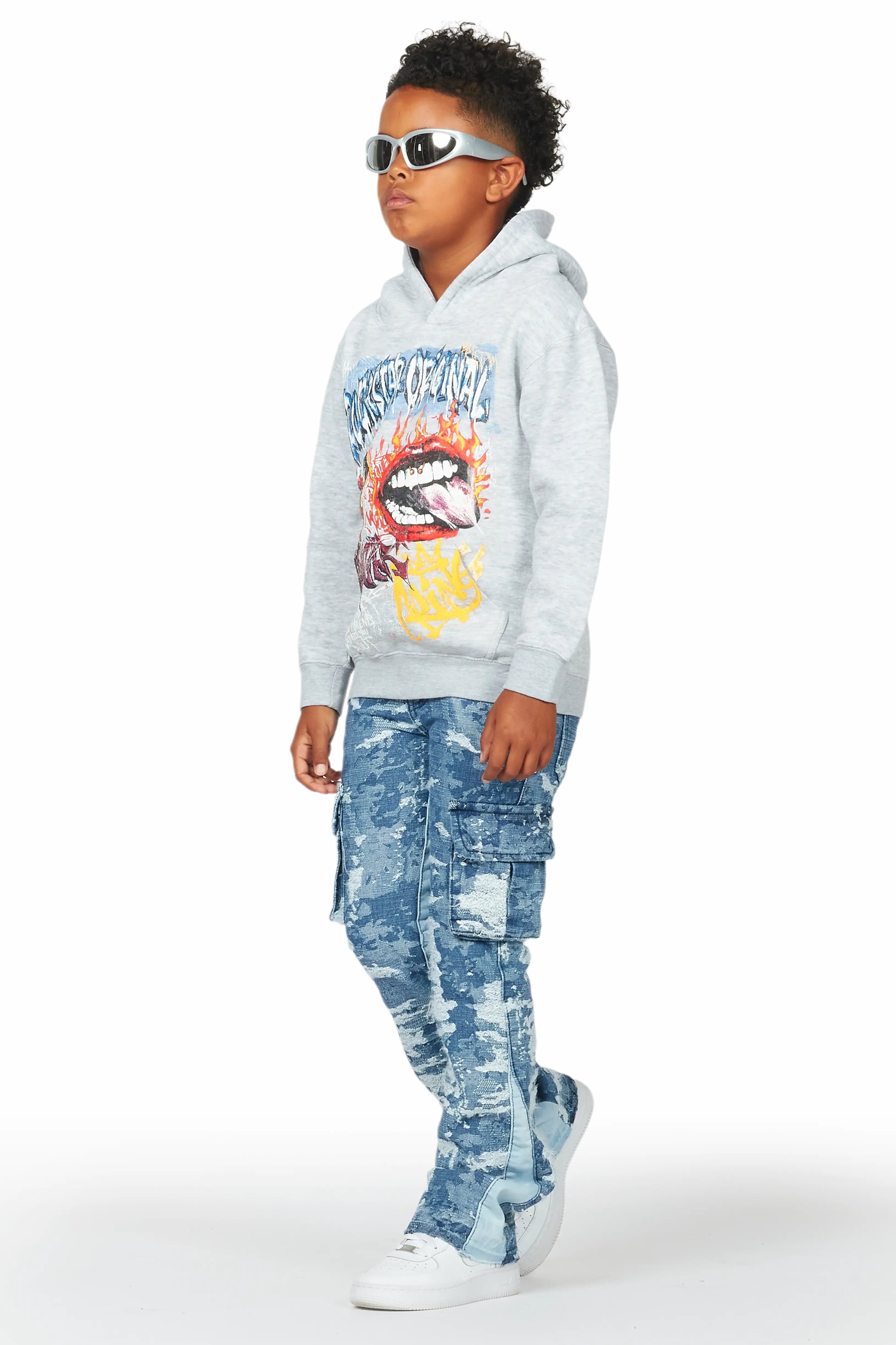 Boys Yooz Grey Hoodie/Stacked Flare Jean Set - Image 5