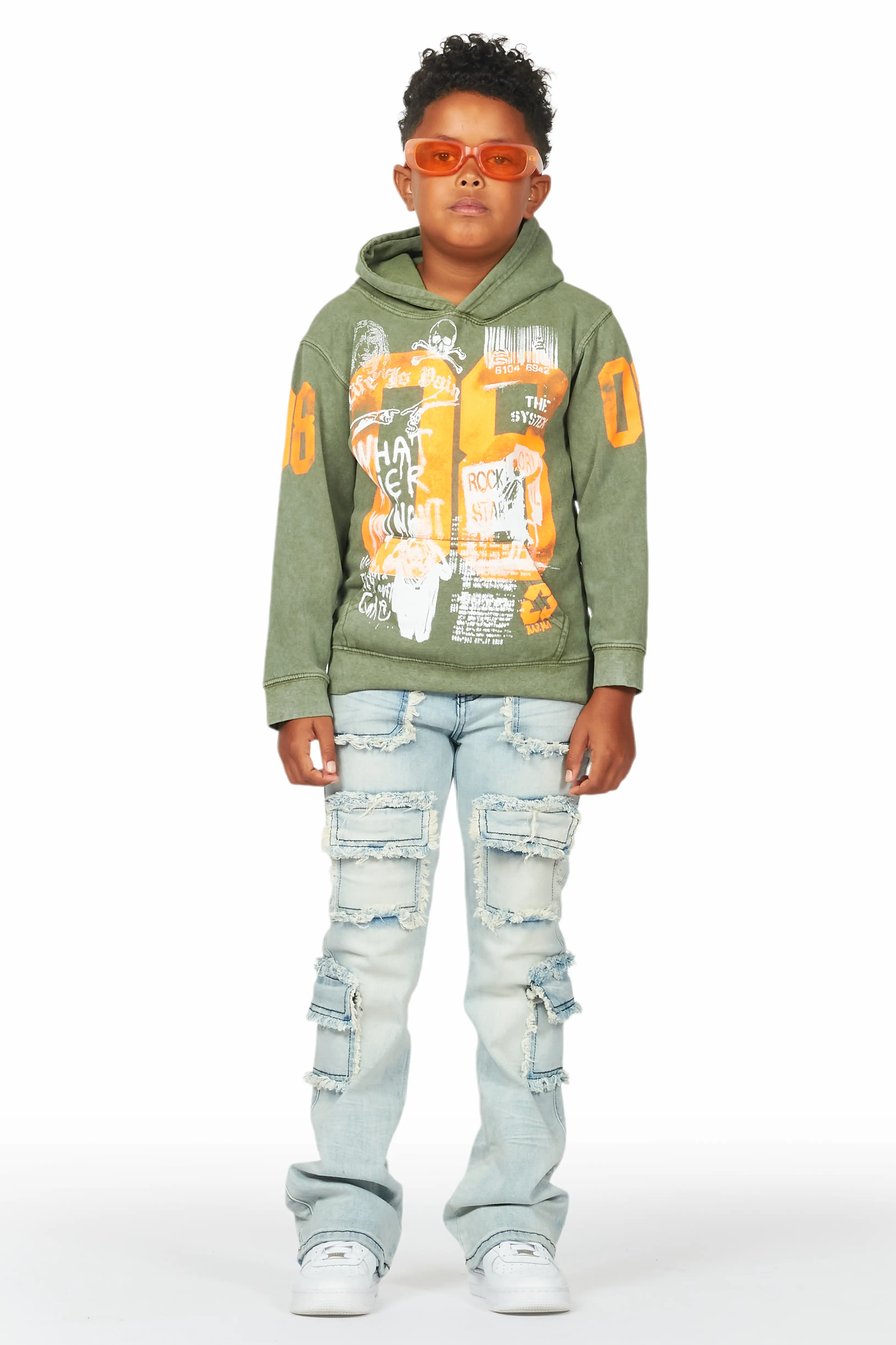 Boys Beau Vintage Green Hoodie/Stacked Flare Jean Set - Image 2