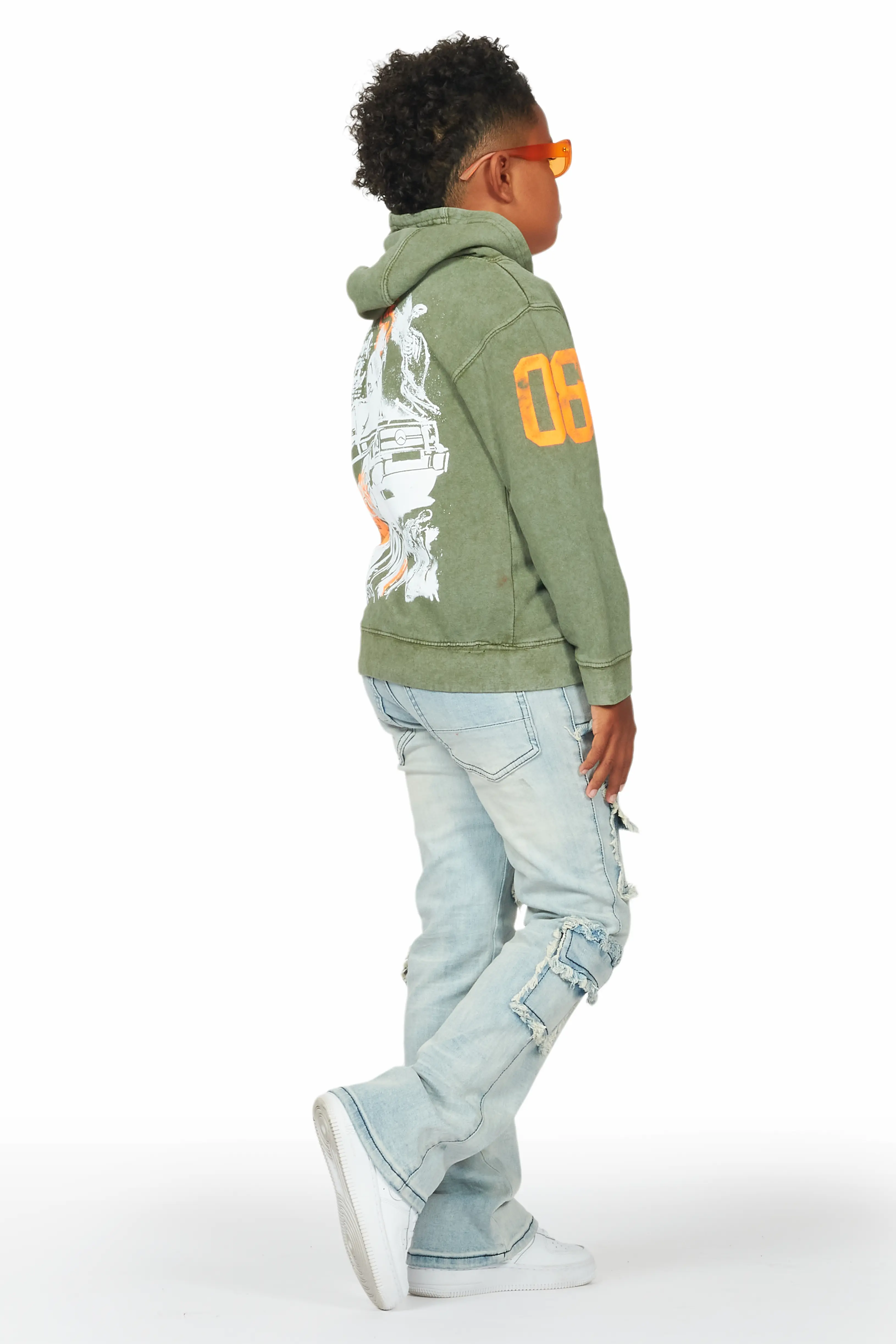 Boys Beau Vintage Green Hoodie/Stacked Flare Jean Set - Image 3