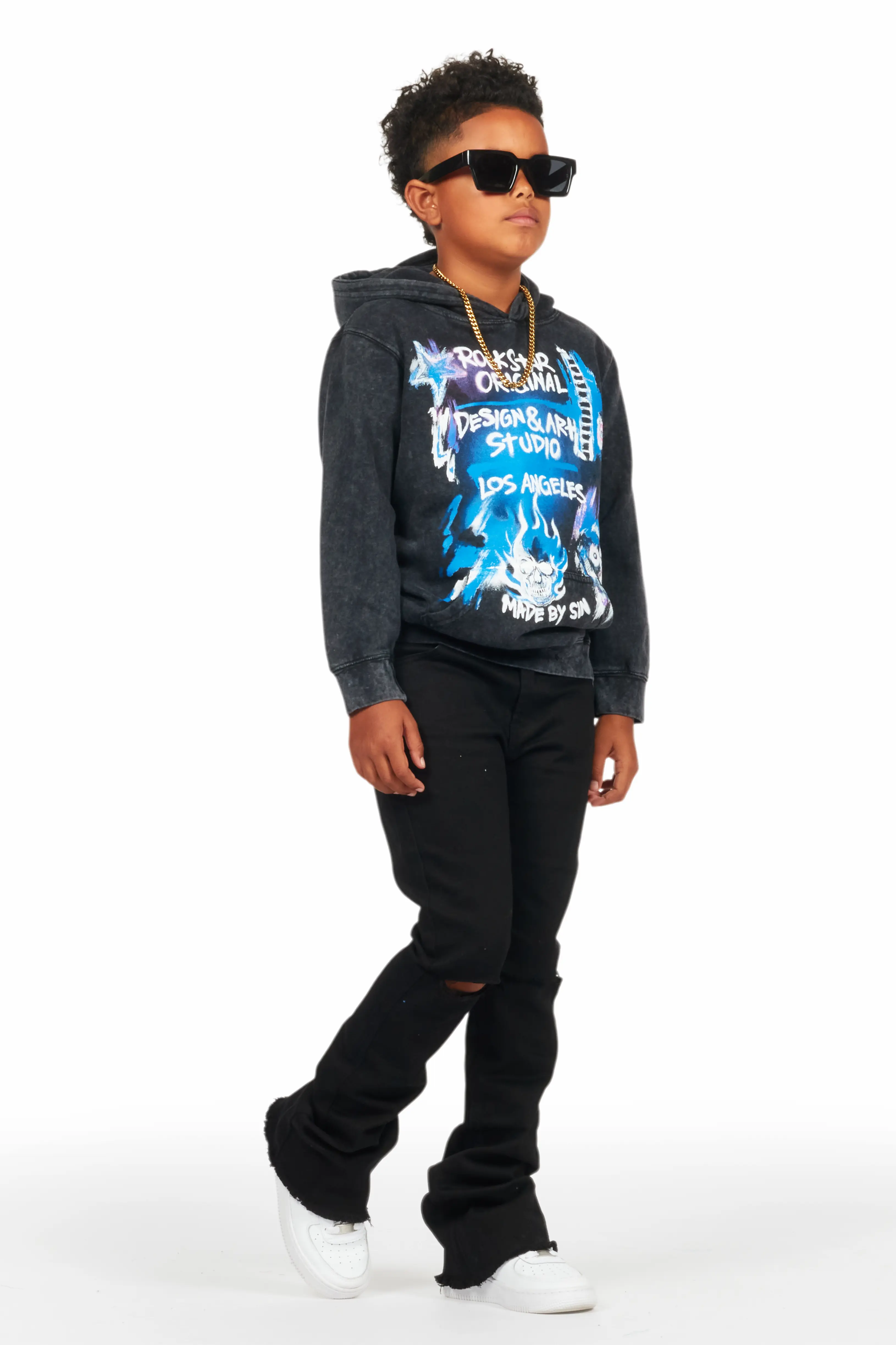 Boys Soweto Vintage Black Hoodie/Stacked Flare Jean Set - Image 6