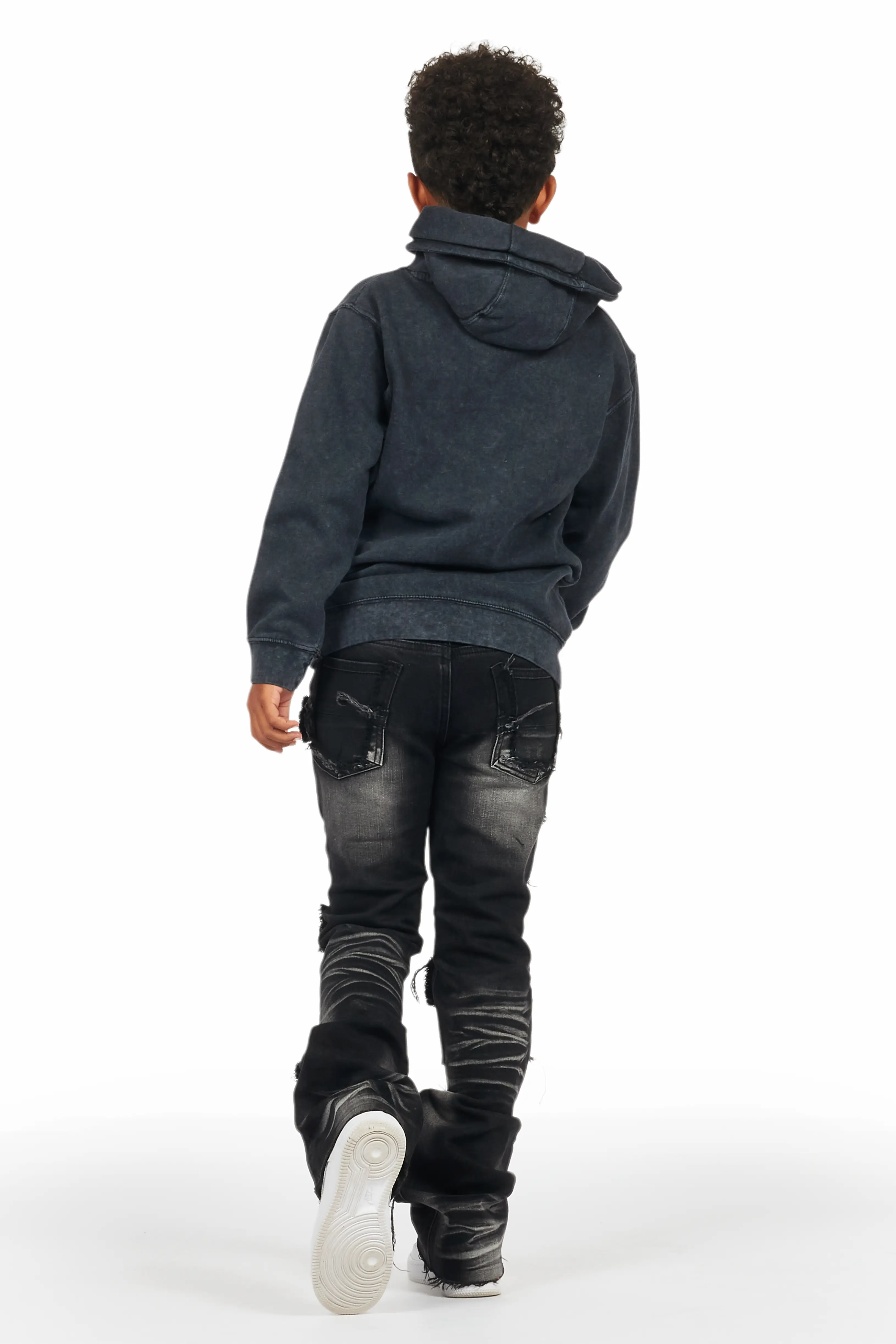 Boys Vicious Vintage Black Hoodie/Stacked Flare Jean Set - Image 4