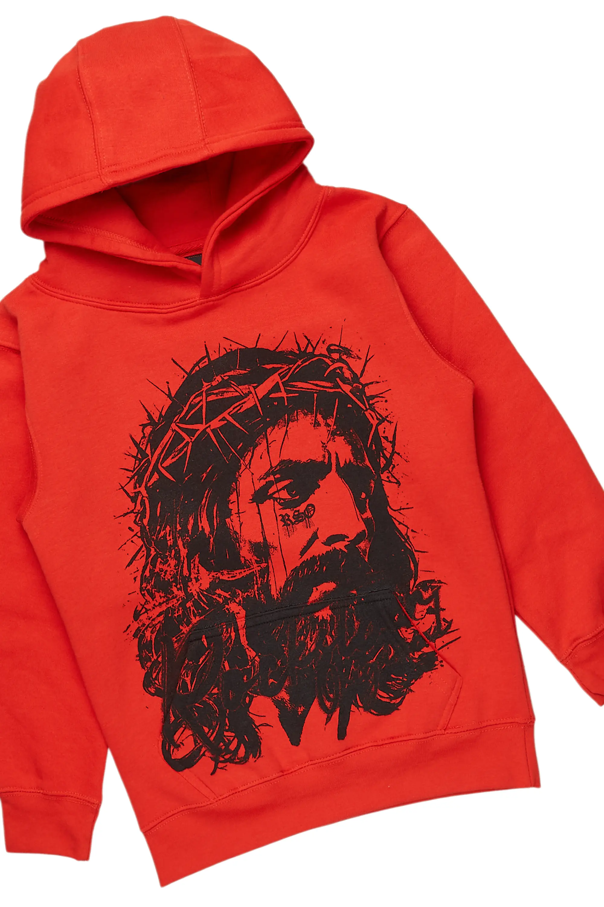 Boys Bedros Red/Black Hoodie/Stacked Flare Jean Set - Image 2