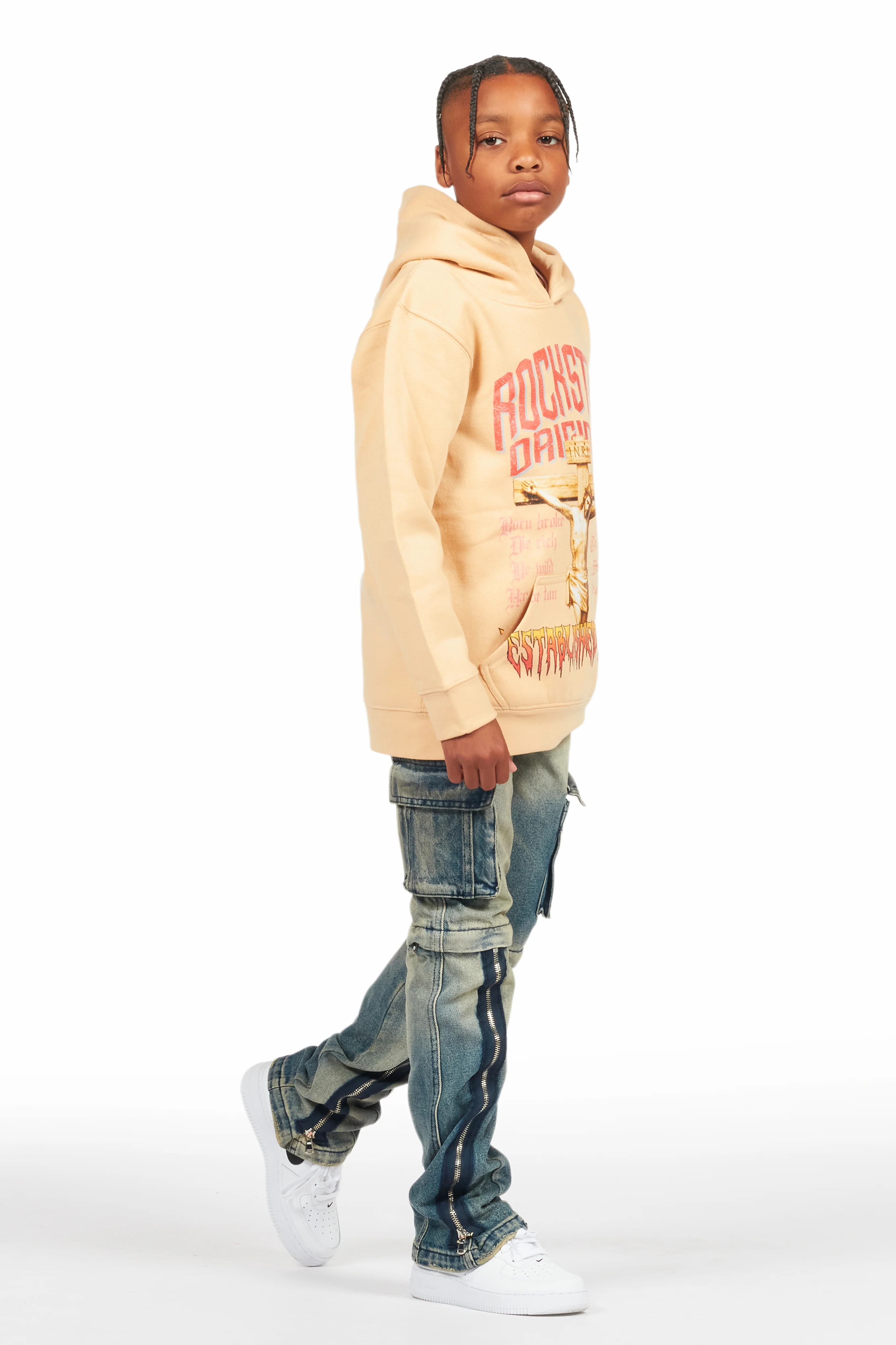 Boys Hayes Beige Hoodie/Stacked Flare Jean Set - Image 3