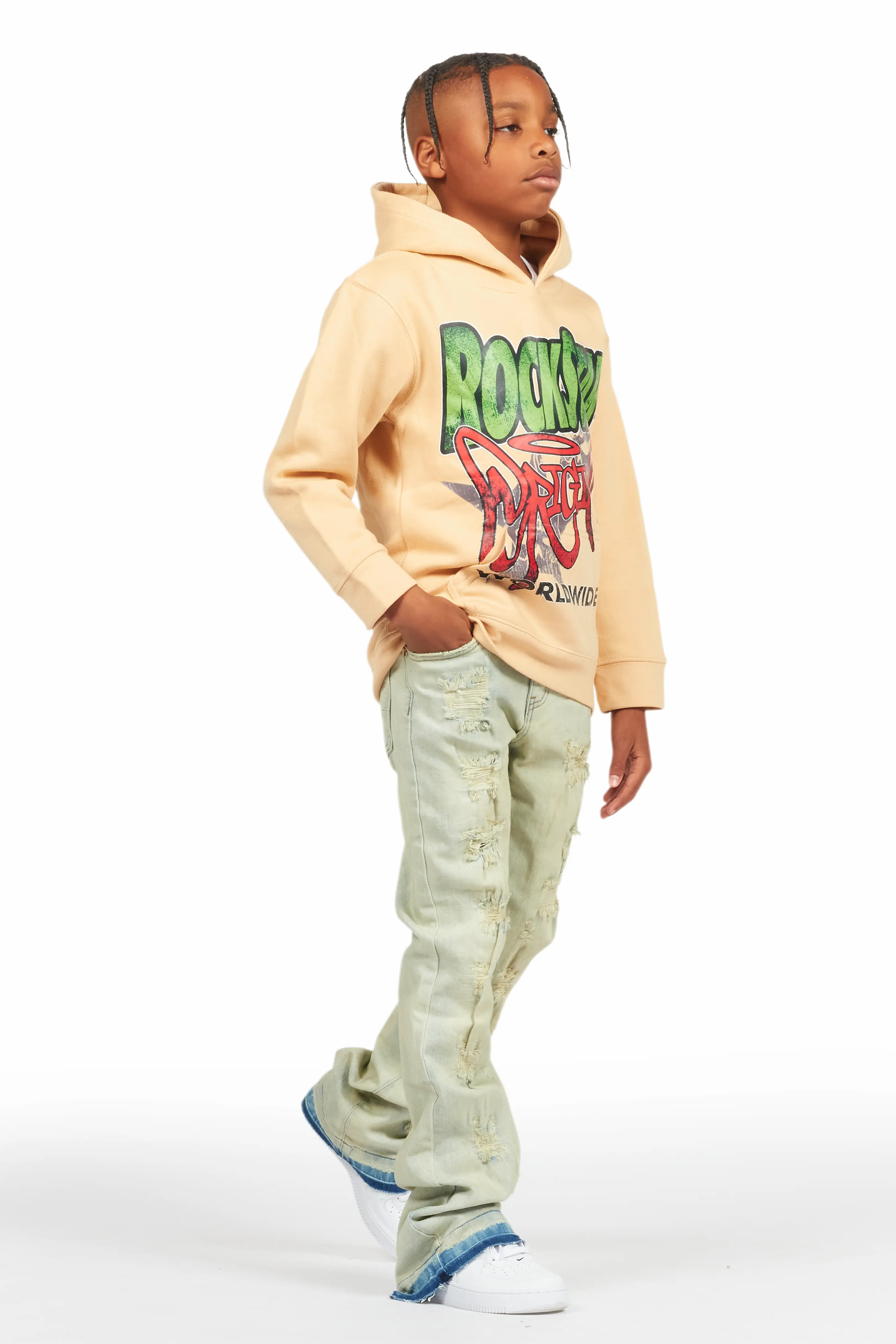 Boys Kait Beige Hoodie/Stacked Flare Jean Set - Image 3