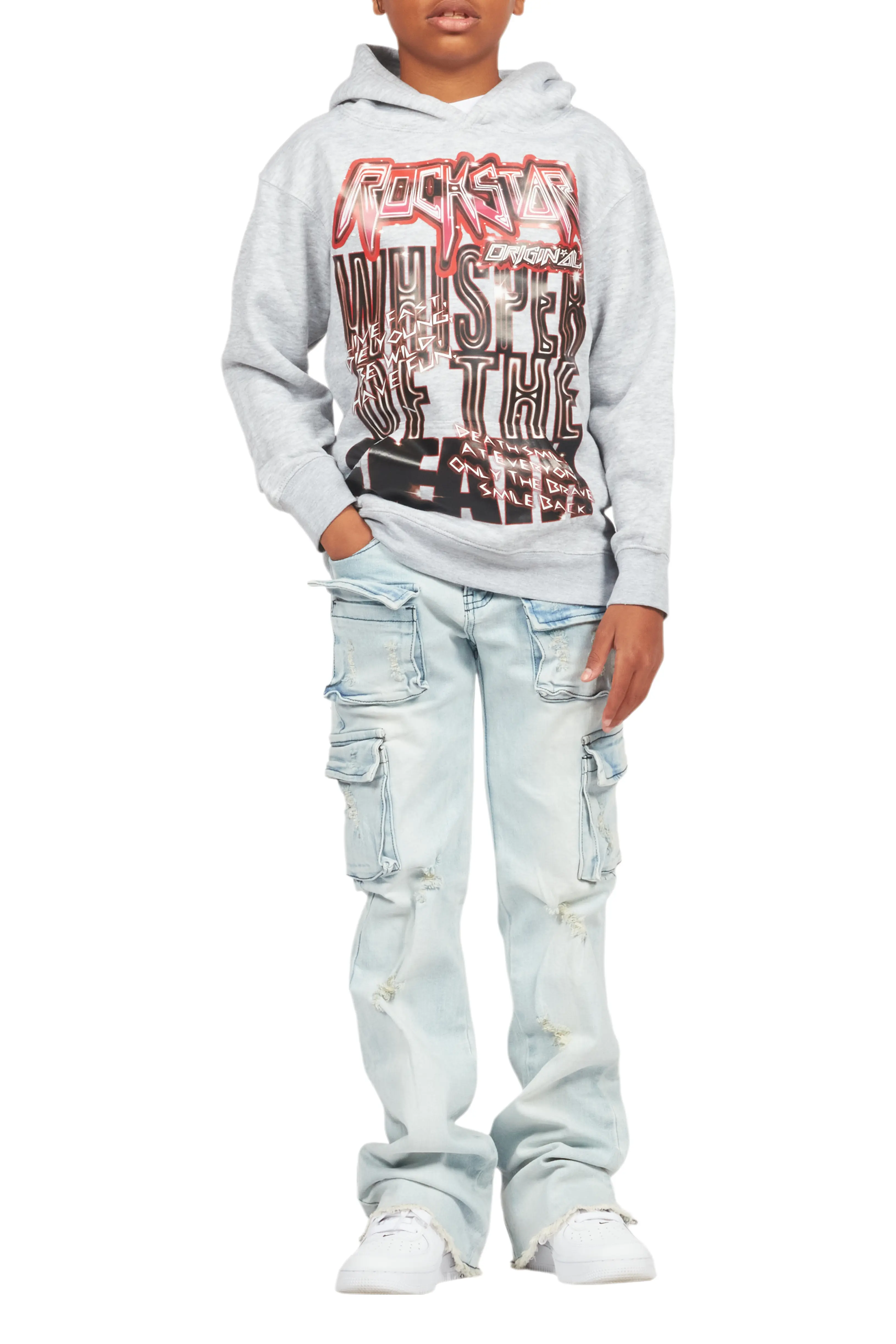 Boys Lachlan Grey/Blue Hoodie/Stacked Flare Jean Set - Image 10