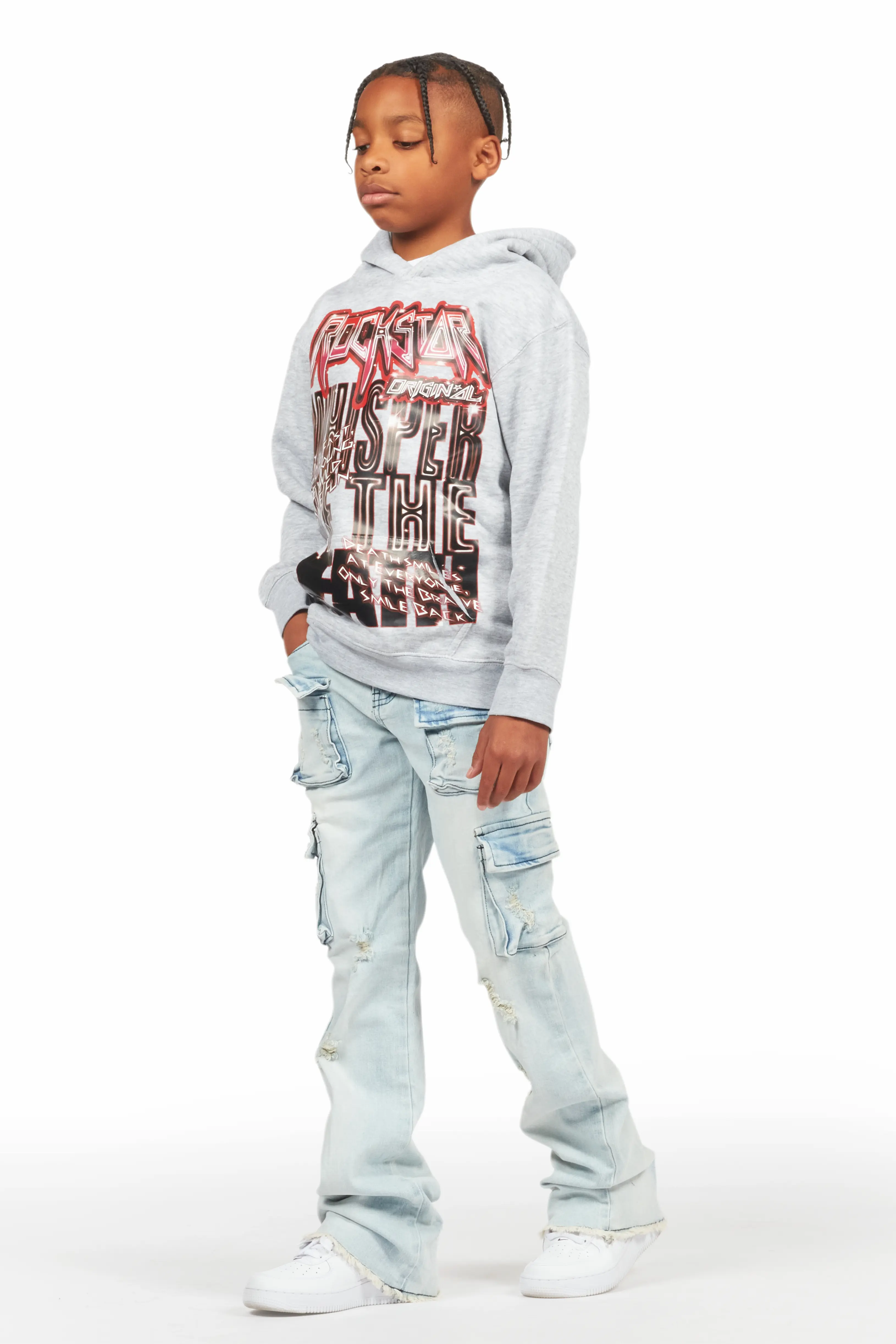 Boys Lachlan Grey/Blue Hoodie/Stacked Flare Jean Set - Image 5