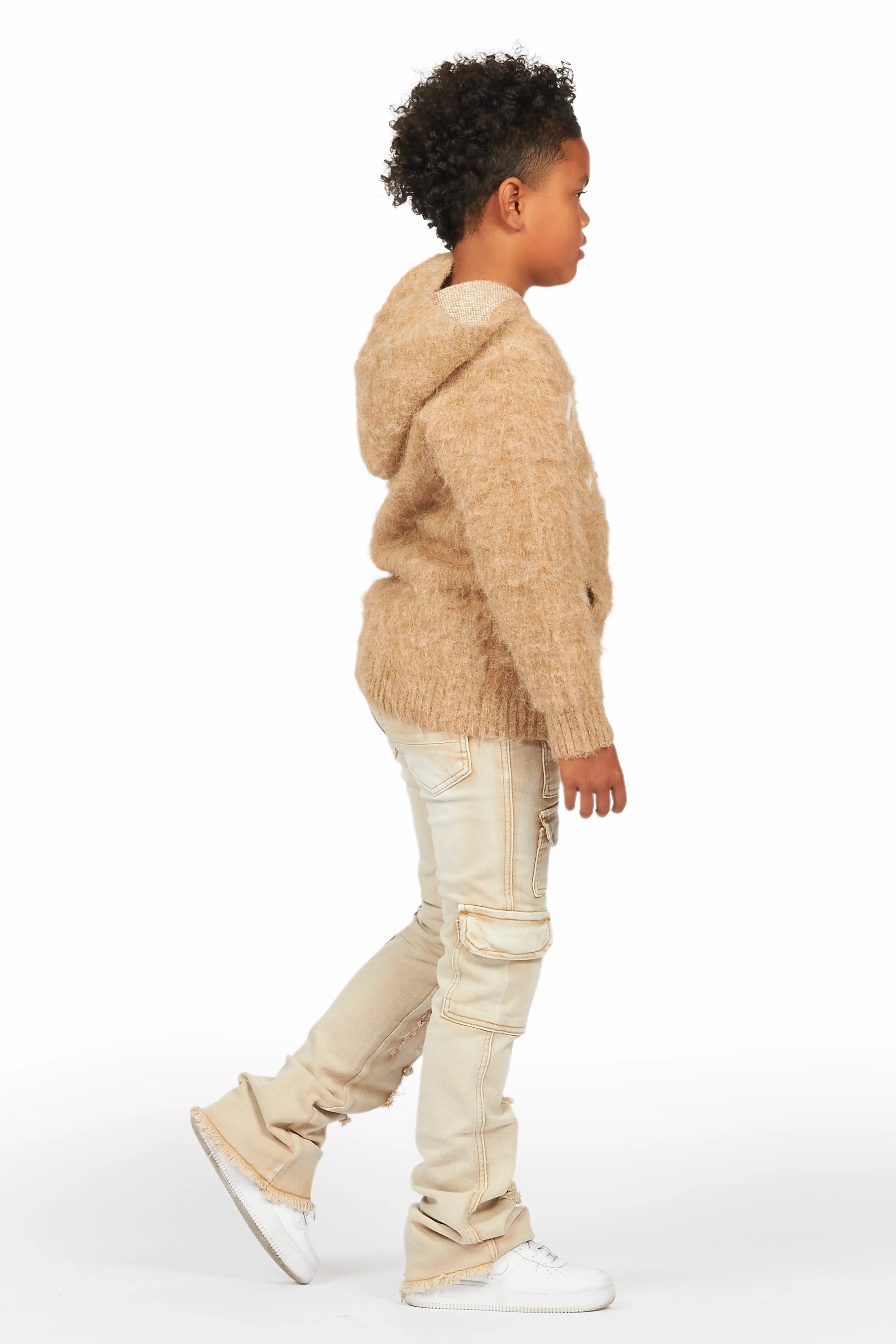 Boys Andros Brown/Tan Mohair Hoodie/Stacked Flare Jean Set - Image 3
