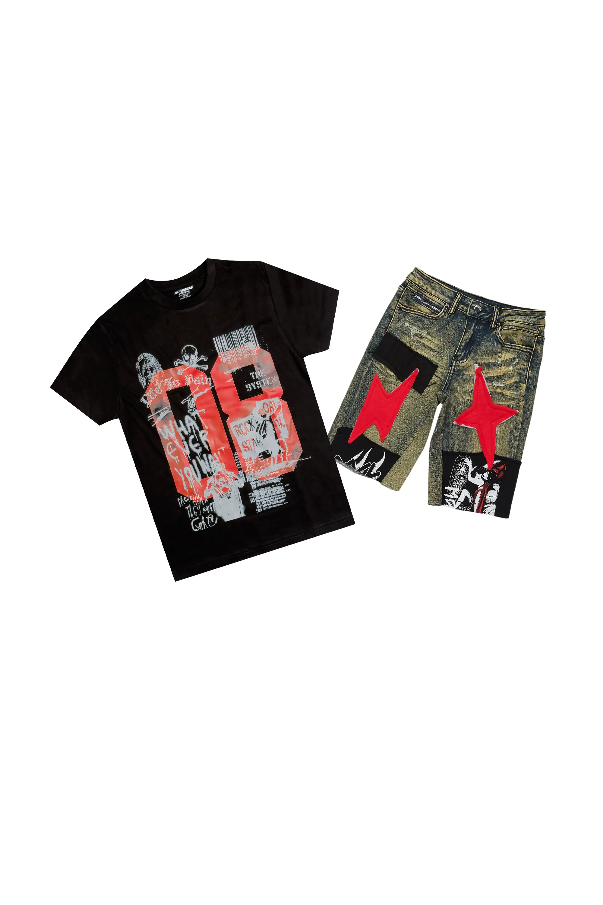 Boys Beau Black/Red T-Shirt/Denim Short Set
