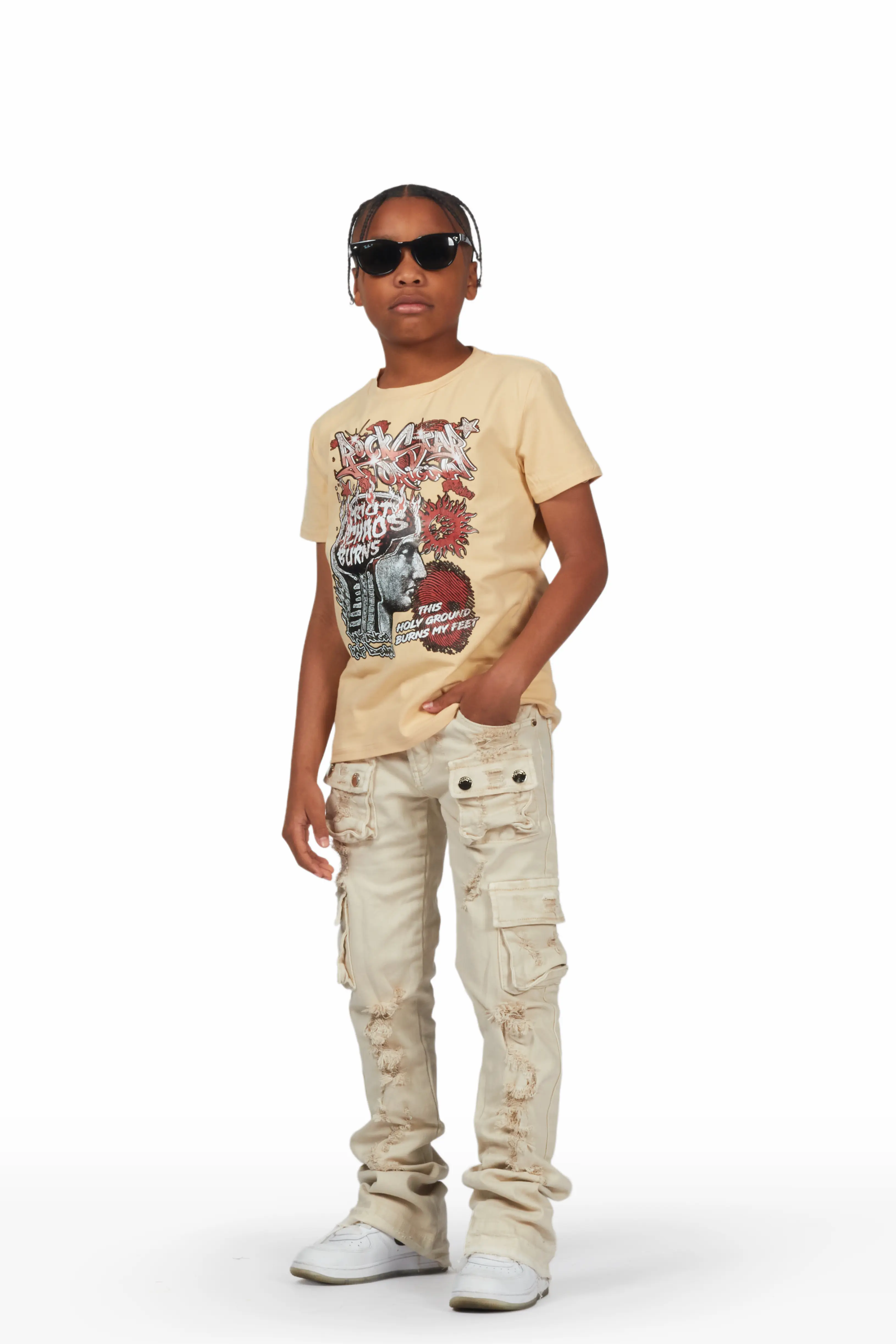 Boys Melvyn Beige T-Shirt/Super Stacked Flare Jean Set - Image 2