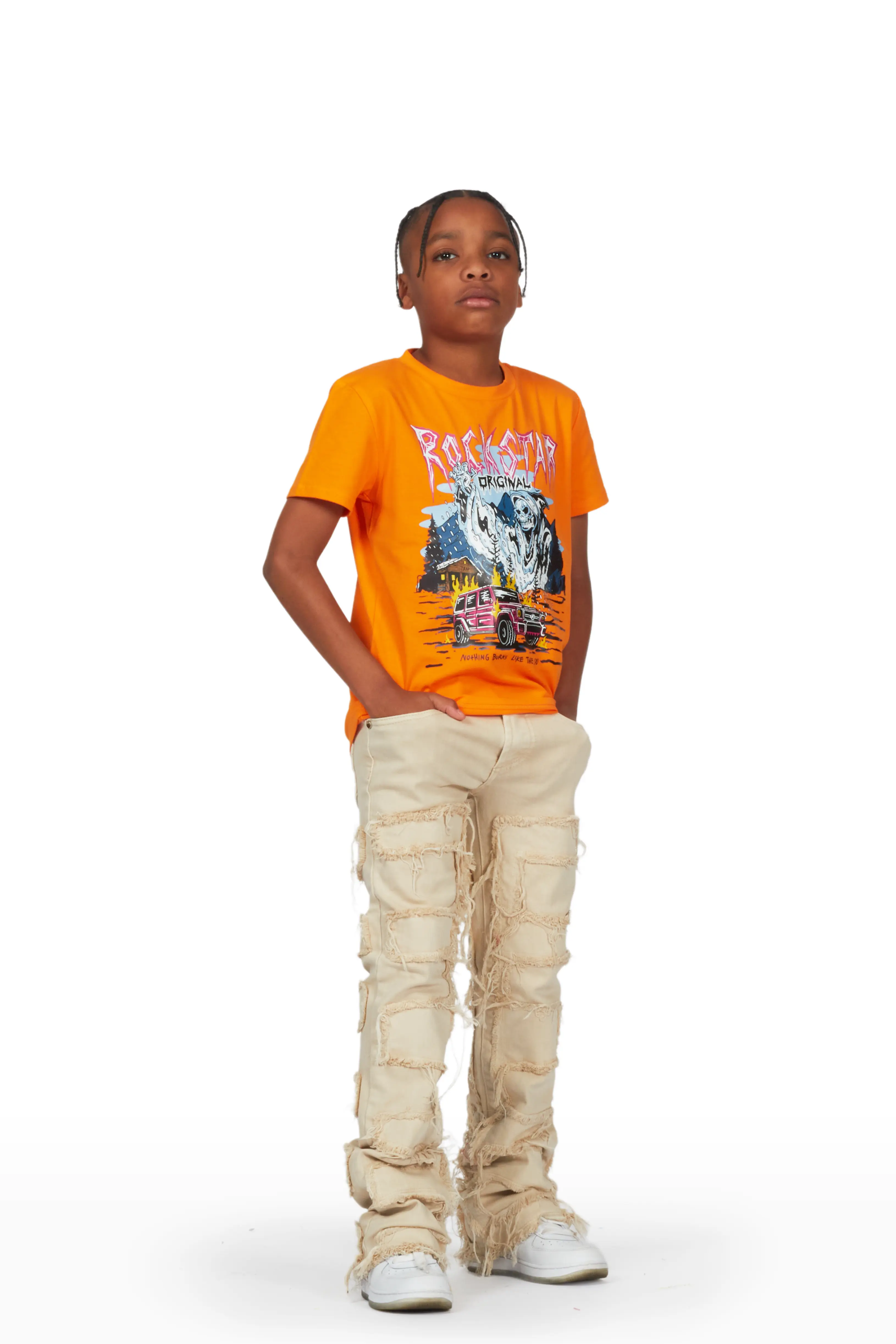 Boys Dale Orange T-Shirt/Stacked Flare Jean Set - Image 3