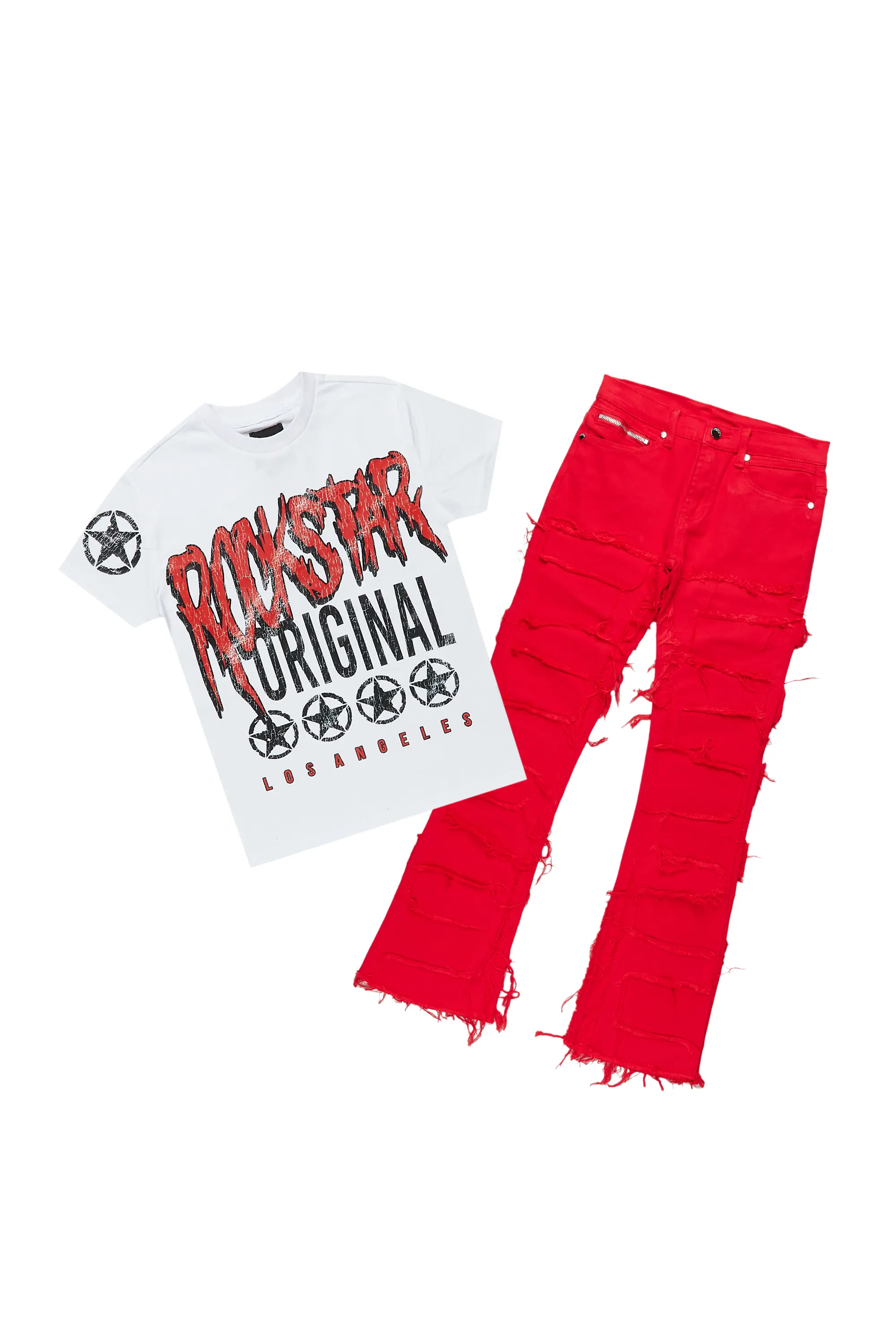 Boys Wizzurd White/Red T-Shirt/Stacked Flare Jean Set - Image 2