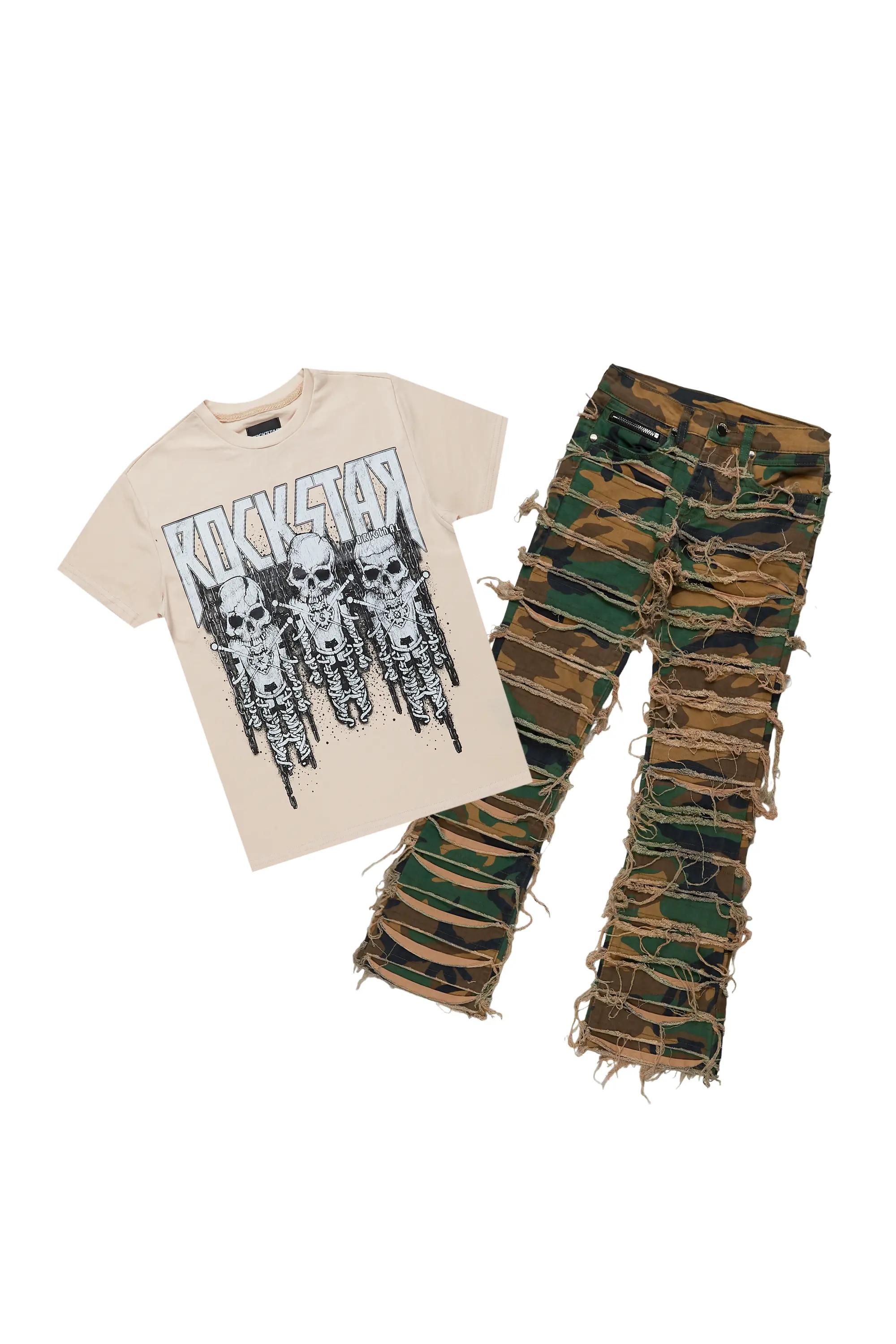 Boys Sabbath Beige/Camo T-Shirt/Stacked Flare Jean Set - Image 2
