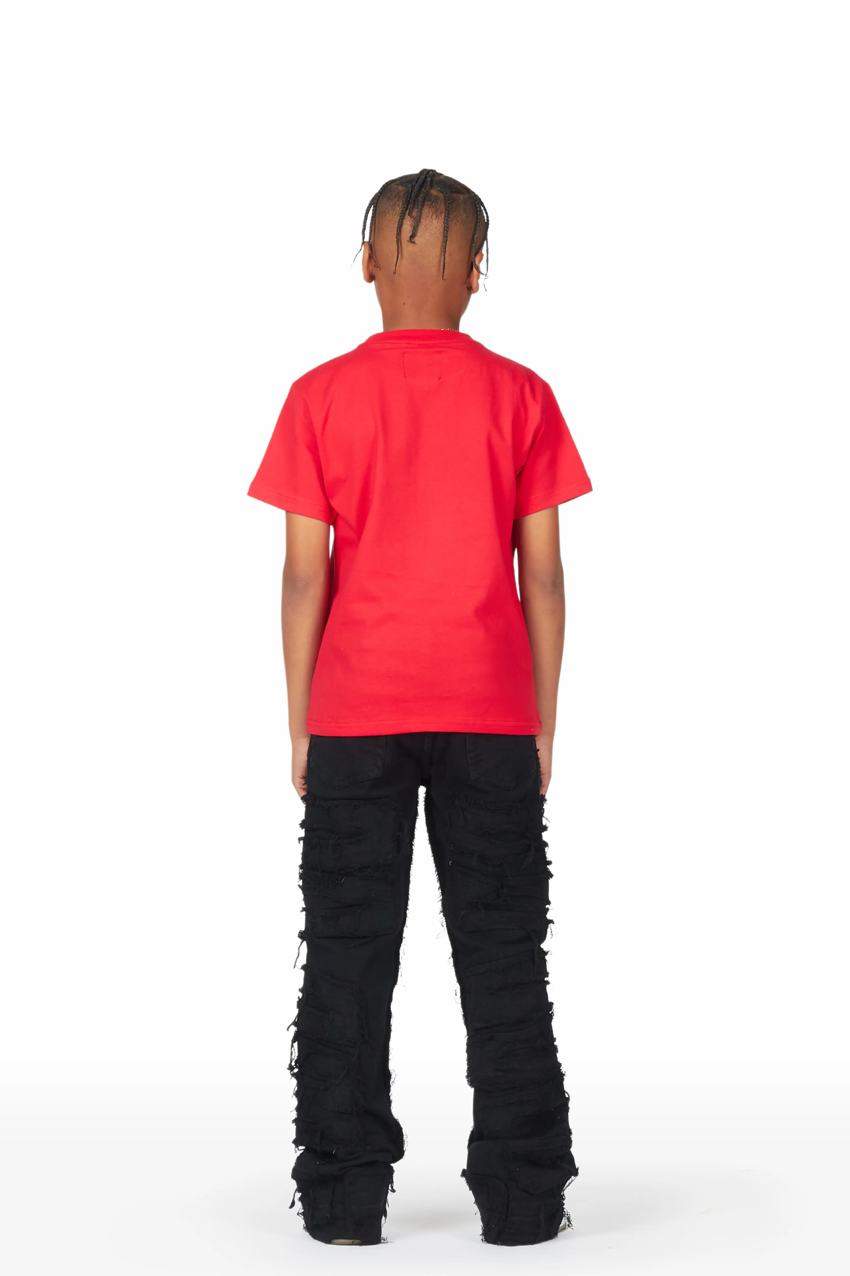 Boys Faber Red/Black T-Shirt/Stacked Flare Jean Set - Image 4