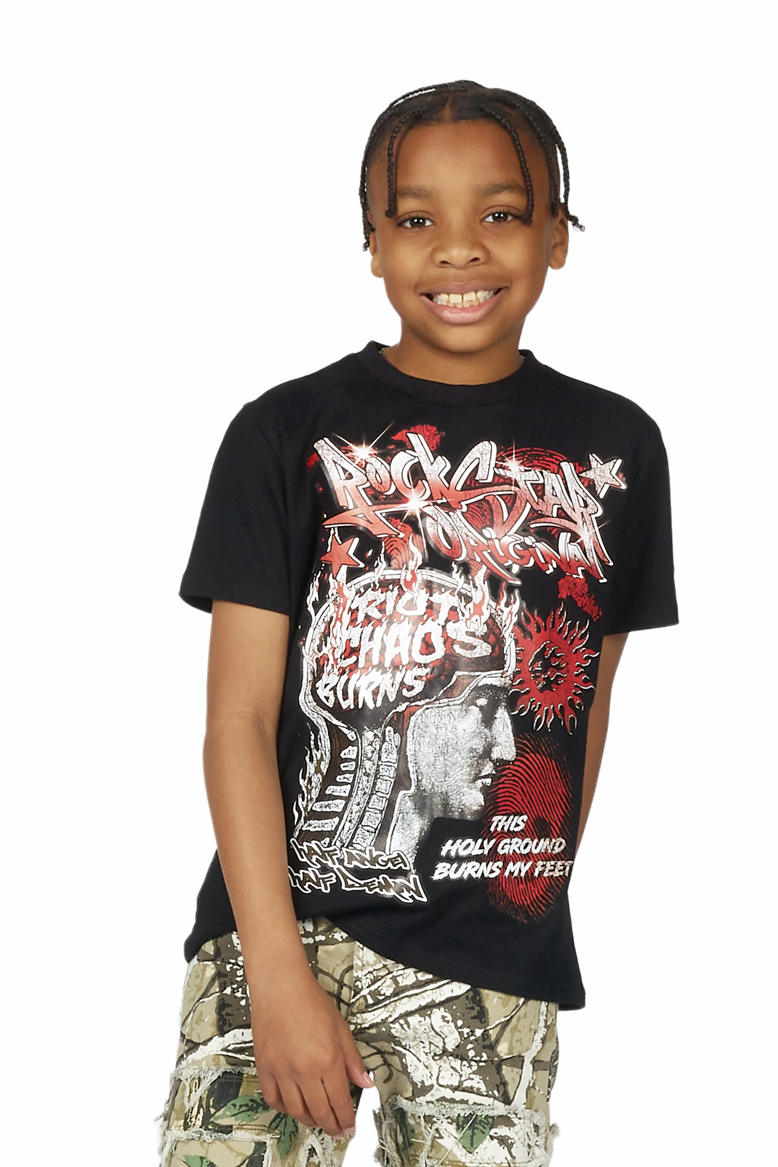 Boys Nalo Black/Camo T-Shirt/Stacked Flare Jean - Image 4