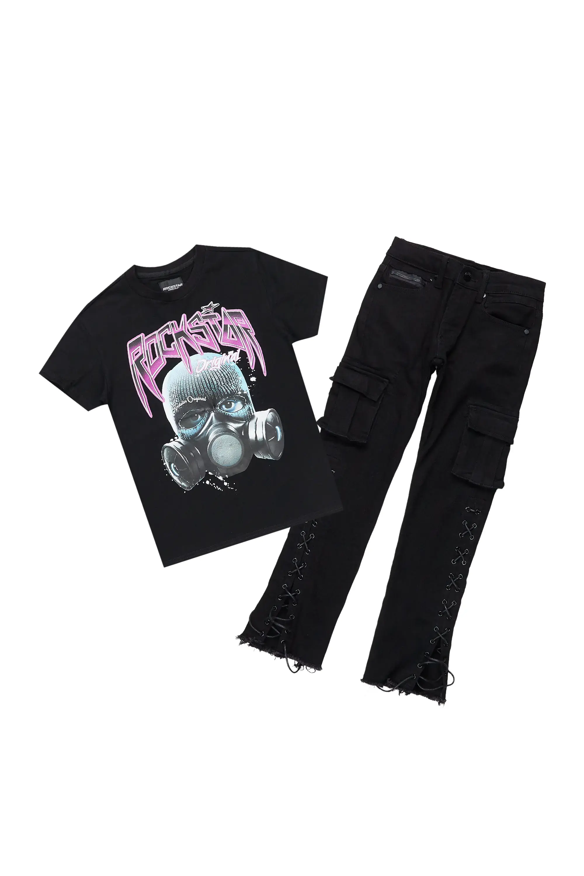Boys Paco Black T-Shirt/Stacked Flare Cargo Jean - Image 2
