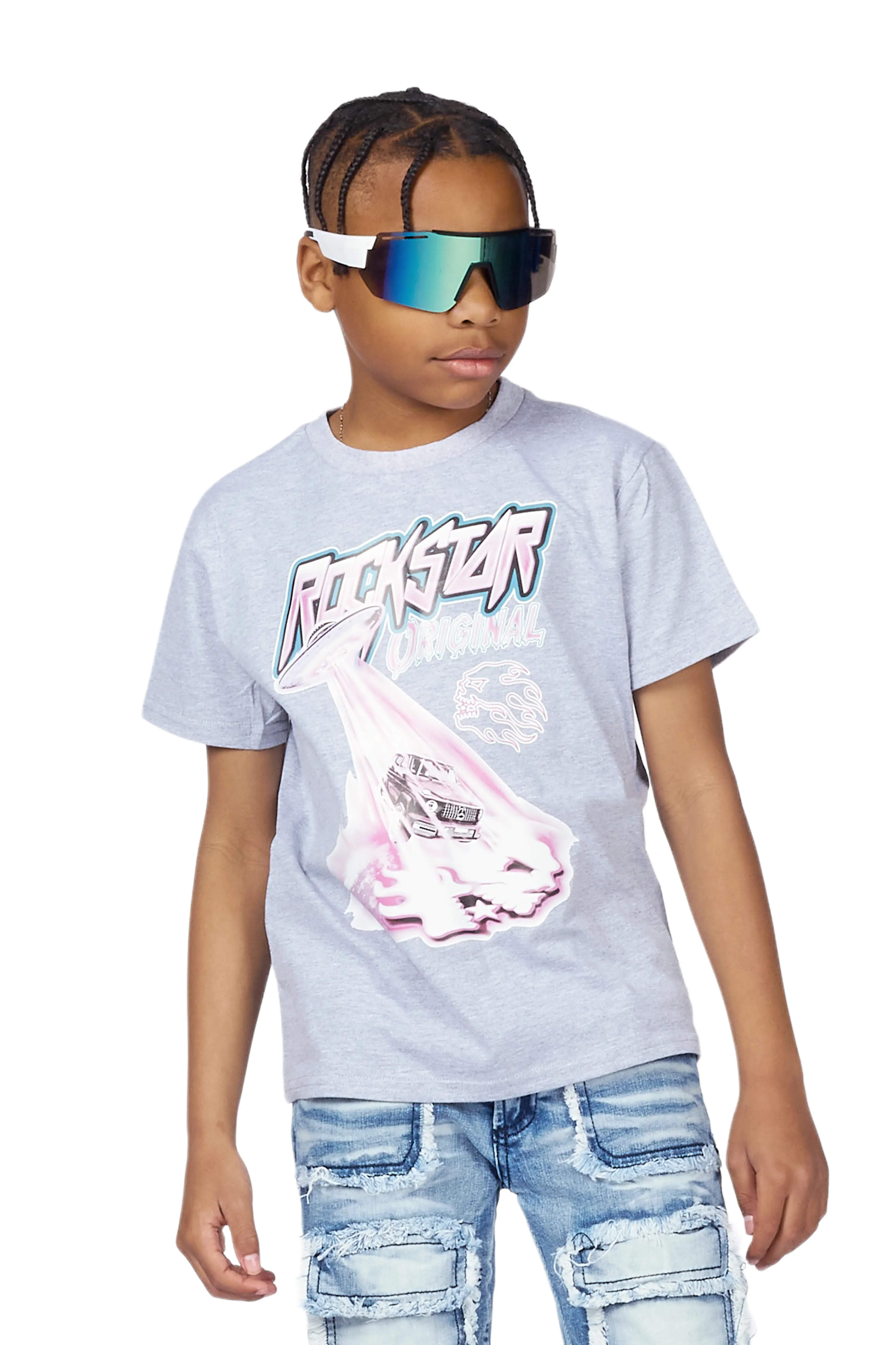 Boys Karik Grey/Blue T-Shirt/Stacked Flare Jean - Image 3