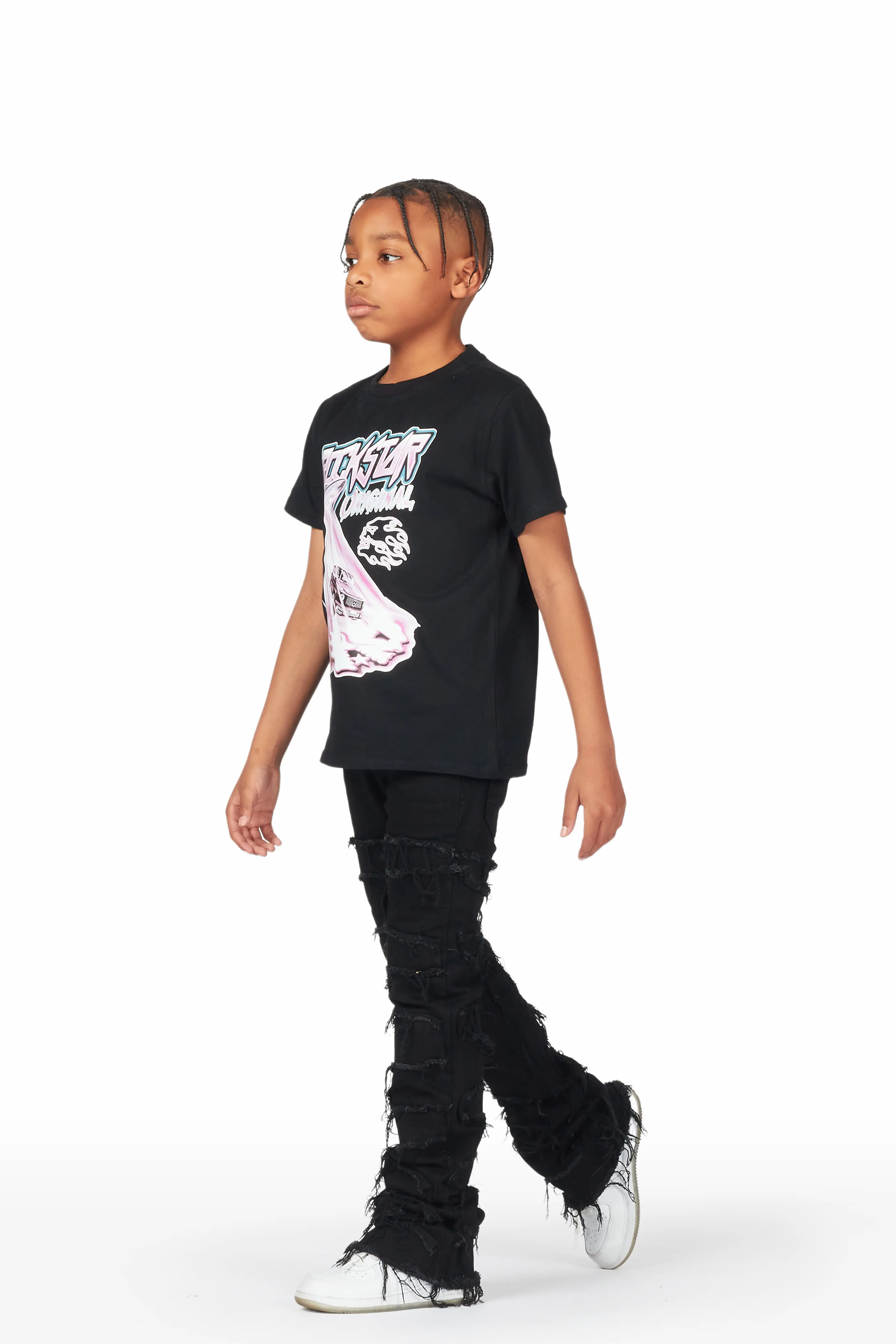 Boys Beno Black T-Shirt/Super Stacked Flare Jean - Image 3