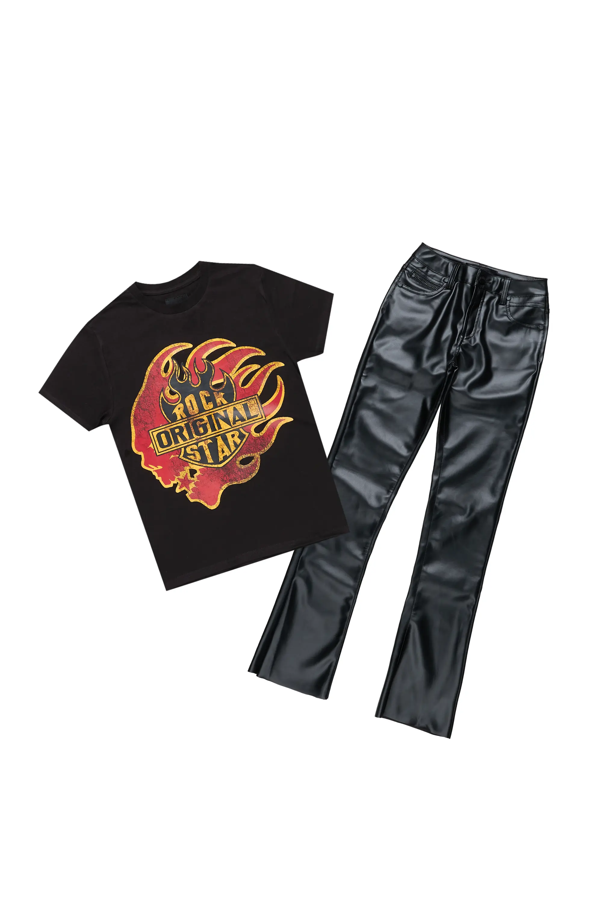 Boys Azai Black T-Shirt Super Stacked Flare PU Jean Set - Image 2