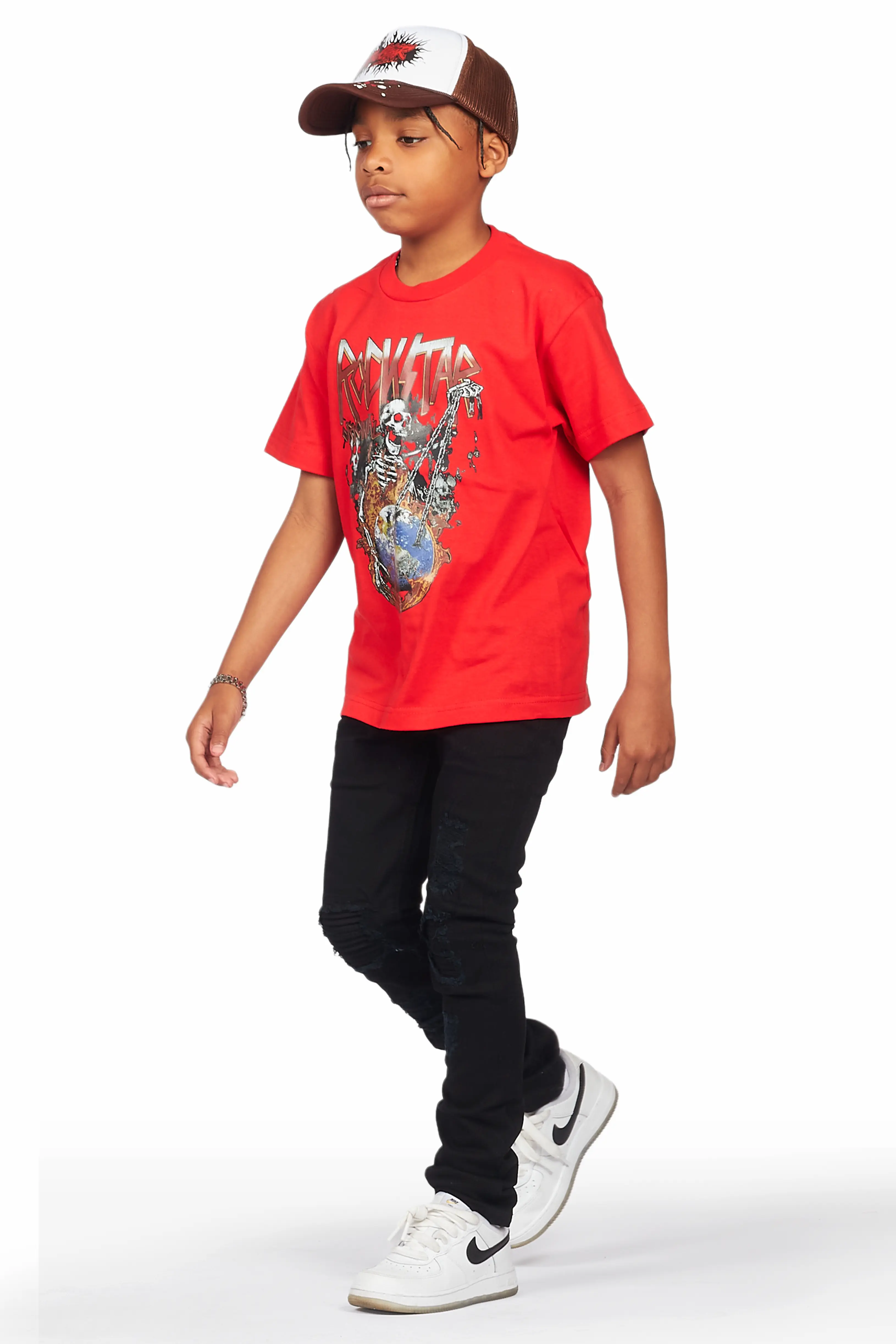 Boys Cachi Red/Black T-Shirt/Skinny Jean Set - Image 6