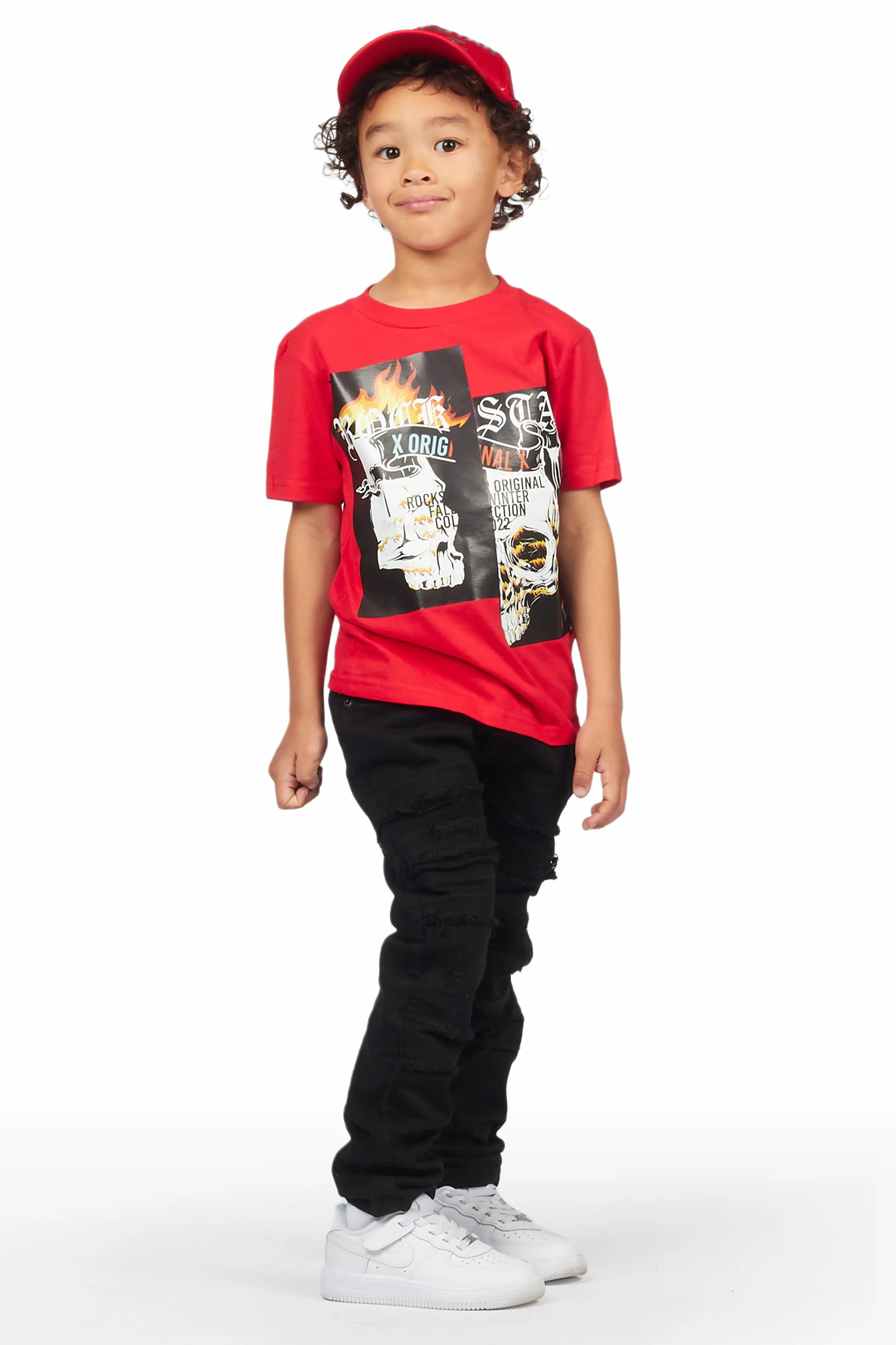 Boys Zaci Red/Black T-Shirt/Frayed Jean Set - Image 2