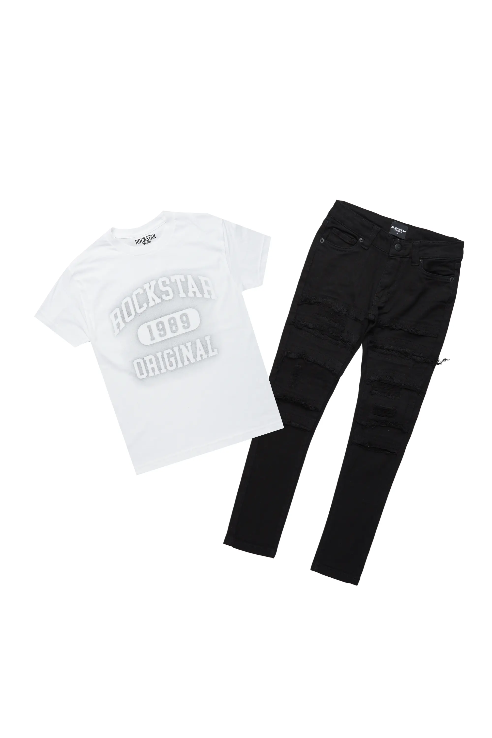 Boys Valko White/Black T-Shirt/Frayed Jean Set - Image 2