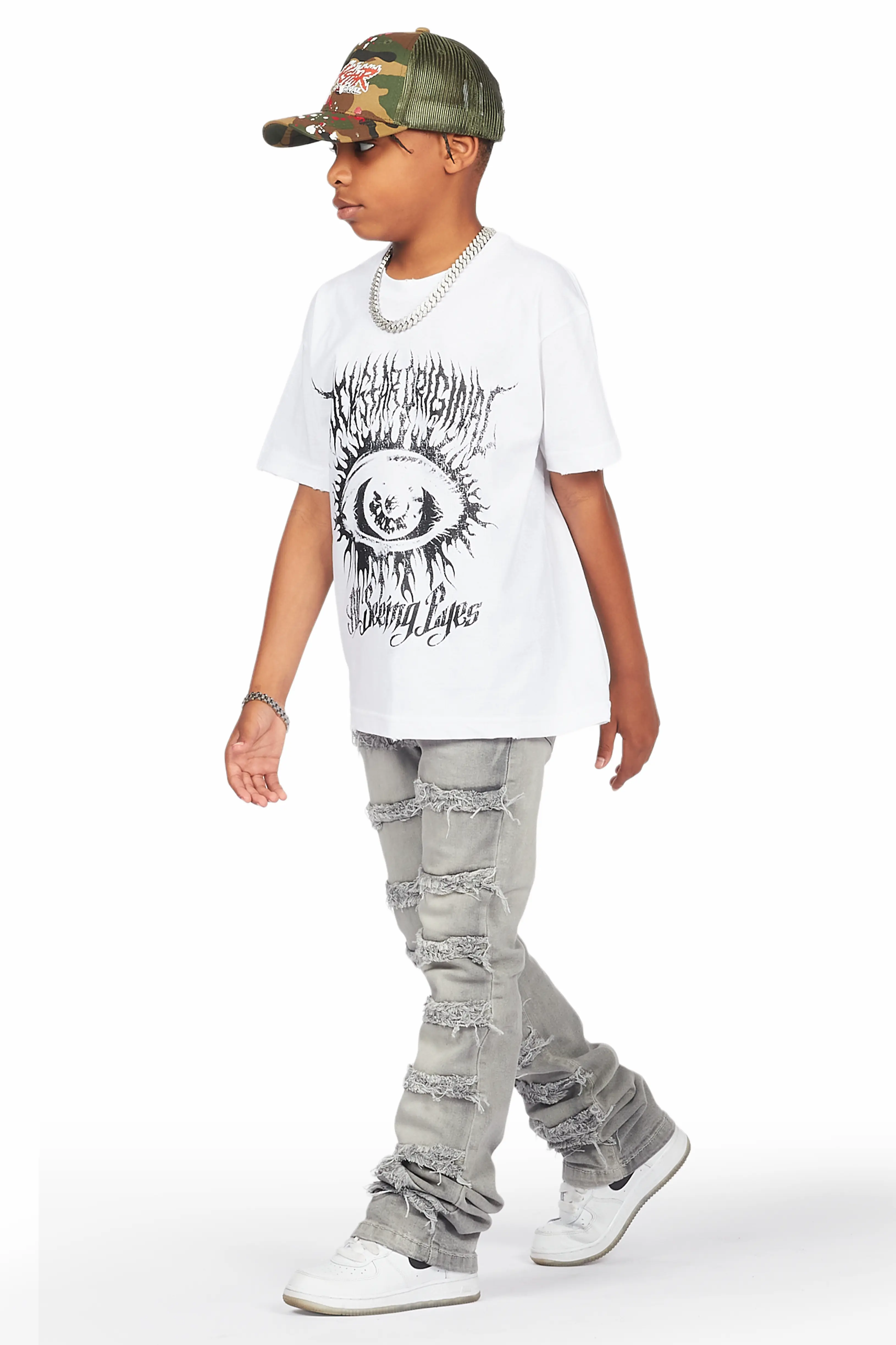 Boys Naresh White T-Shirt/Frayed Skinny Stacked Flare Jean Set - Image 5