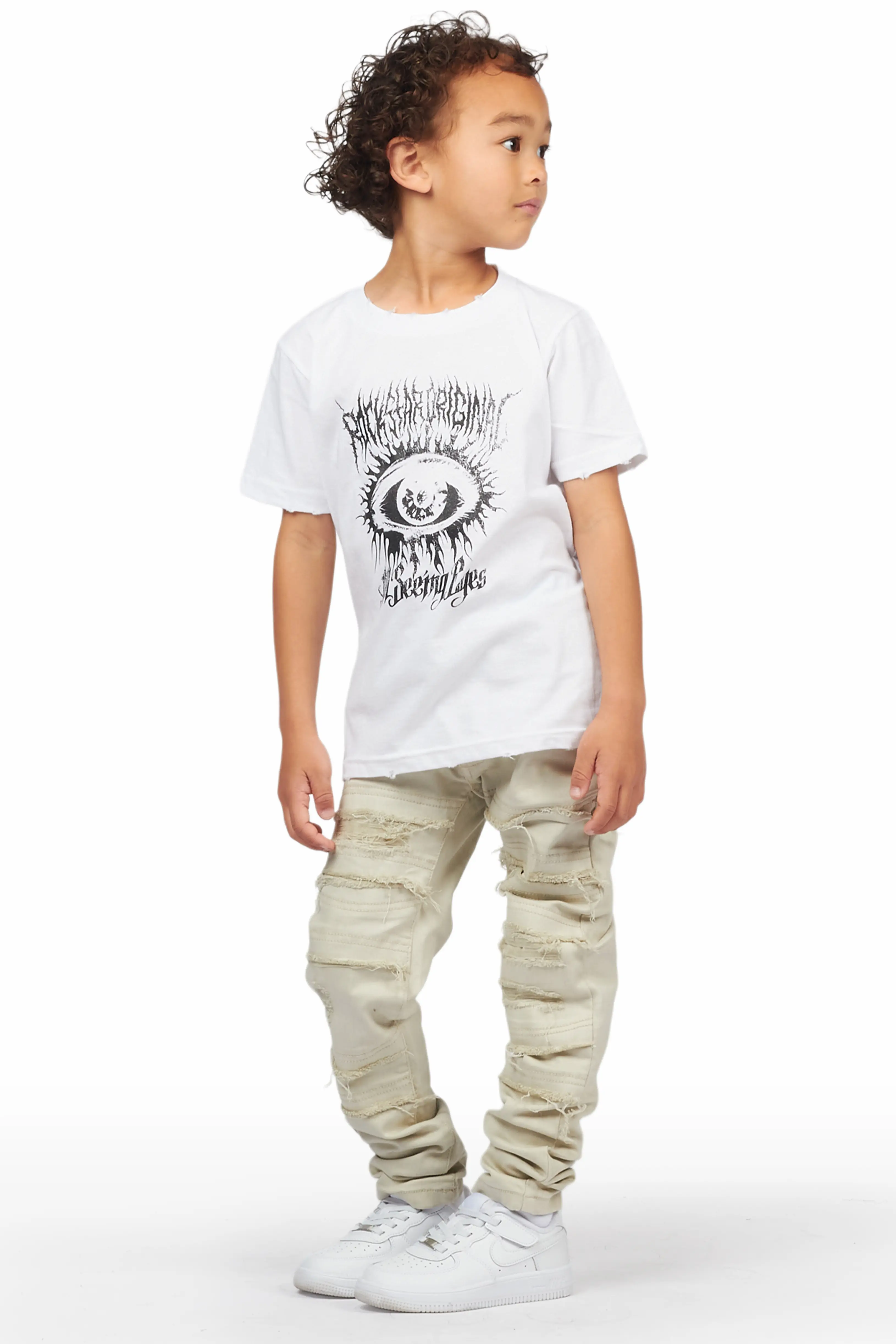 Boys Saar White T-Shirt/Frayed Skinny Stacked Flare Jean Set - Image 2