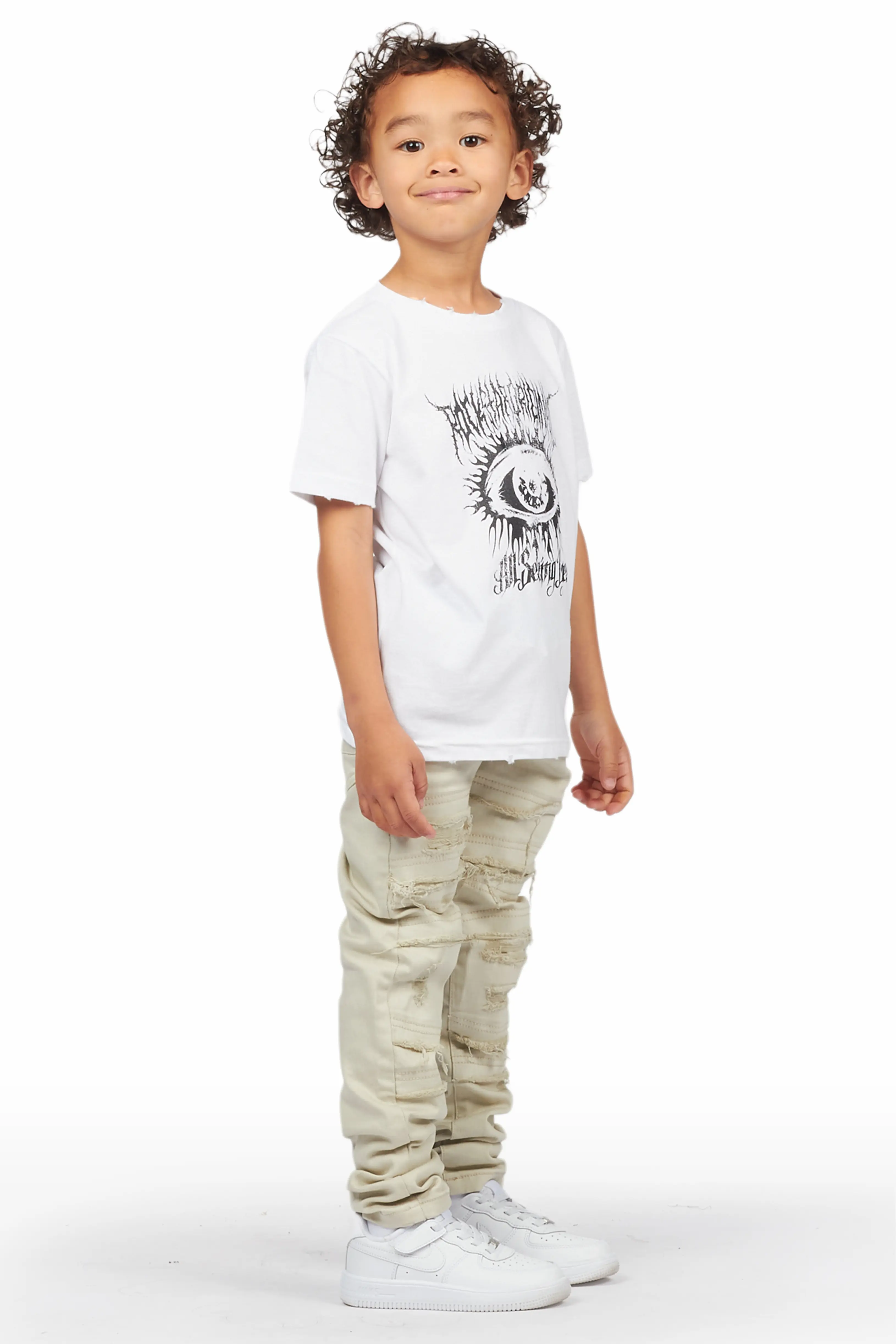 Boys Saar White T-Shirt/Frayed Skinny Stacked Flare Jean Set - Image 3
