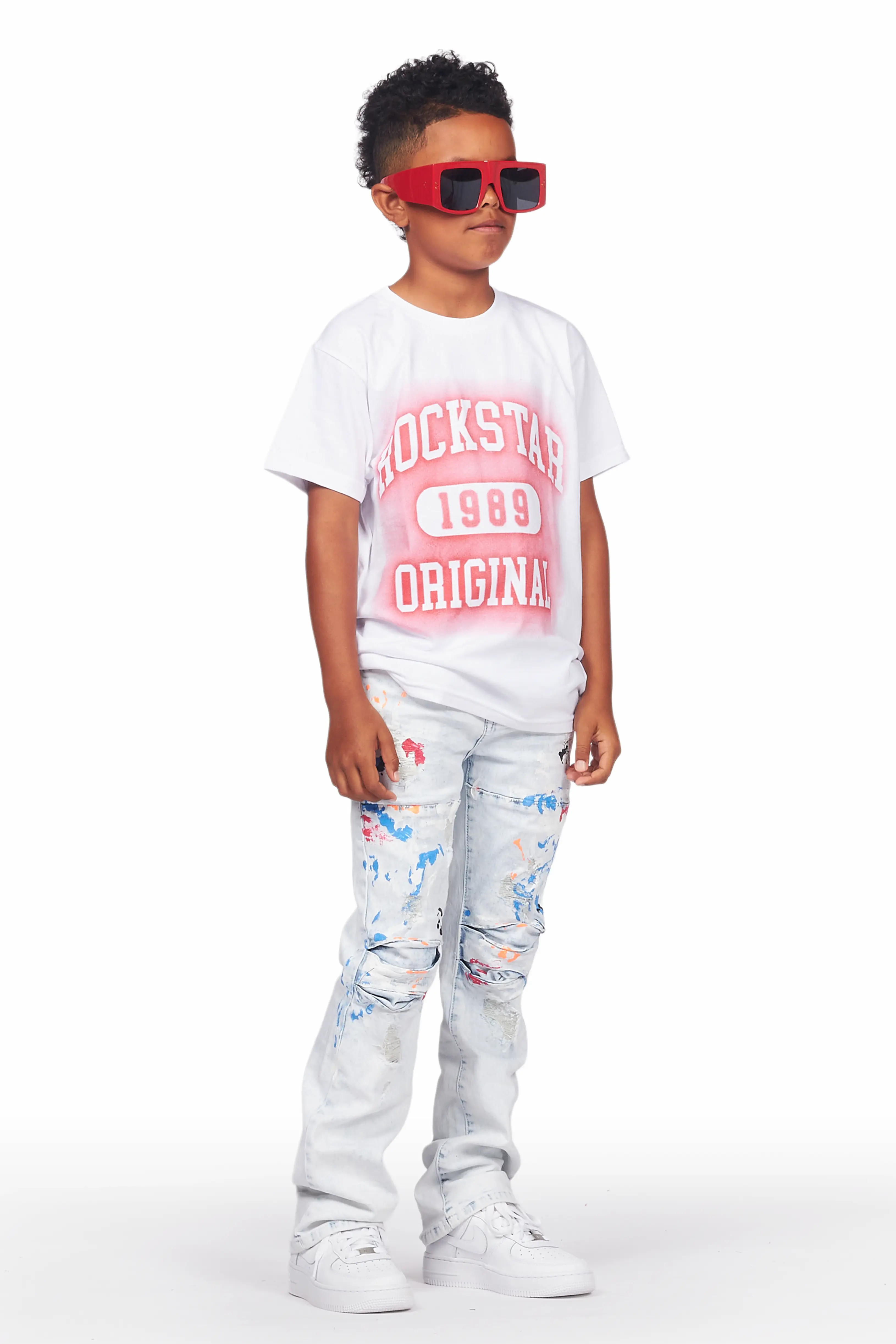 Boys Urian White/Red T-Shirt/Stacked Flare Jean Set - Image 3