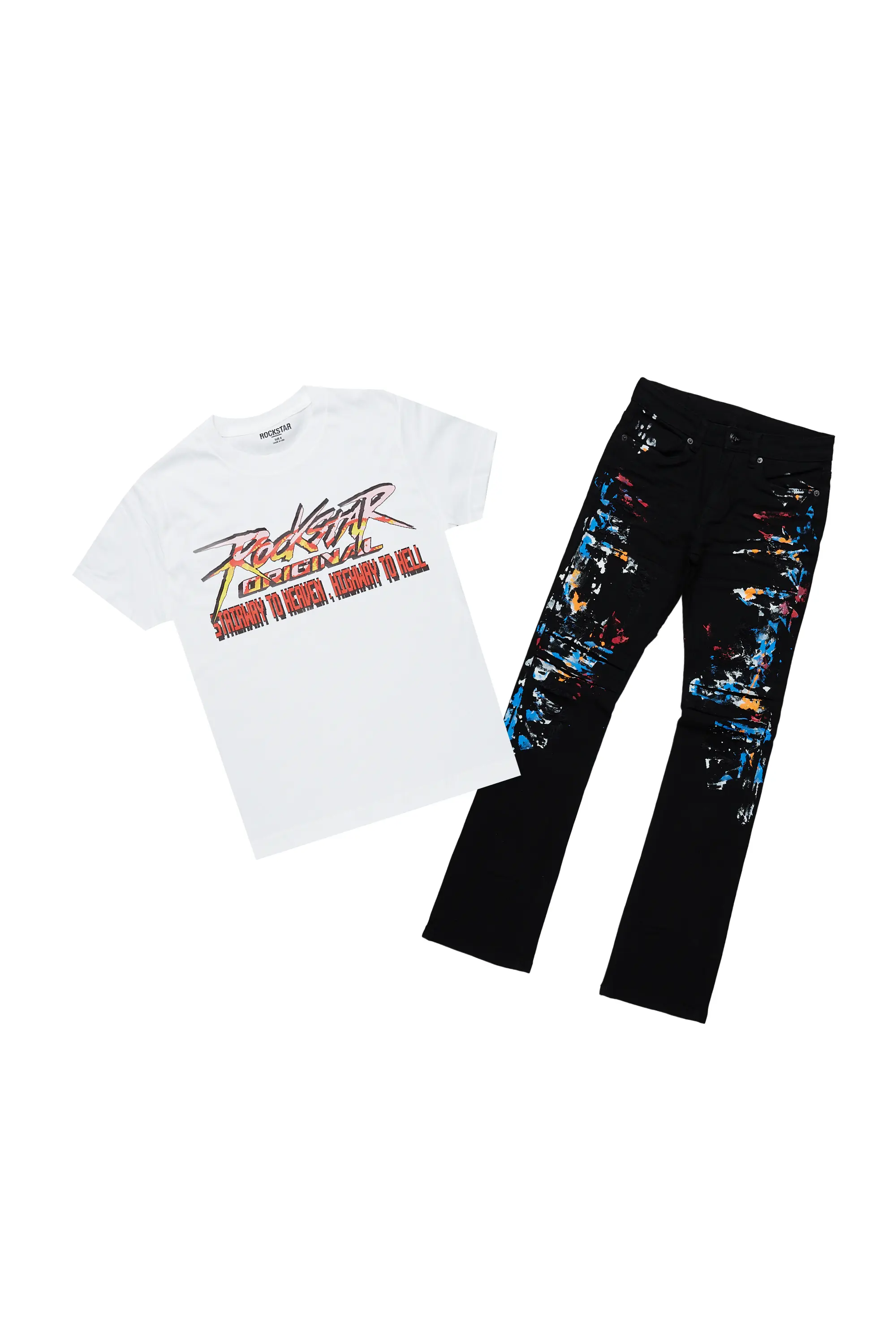 Boys Sagen White T-Shirt/Stacked Flare Jean Set - Image 2