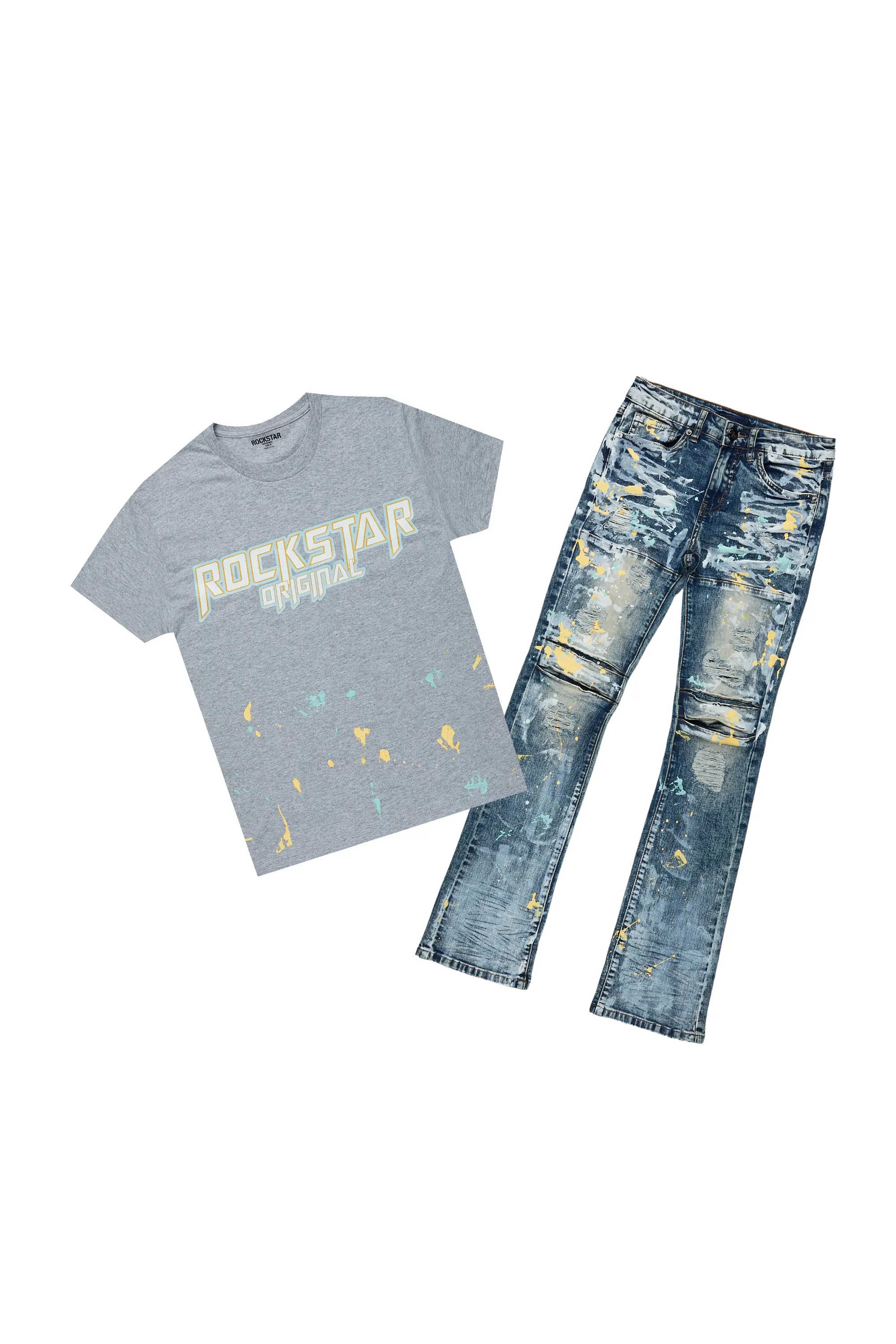 Boys Nadir Grey T-Shirt/Stacked Flare Jean Set - Image 2