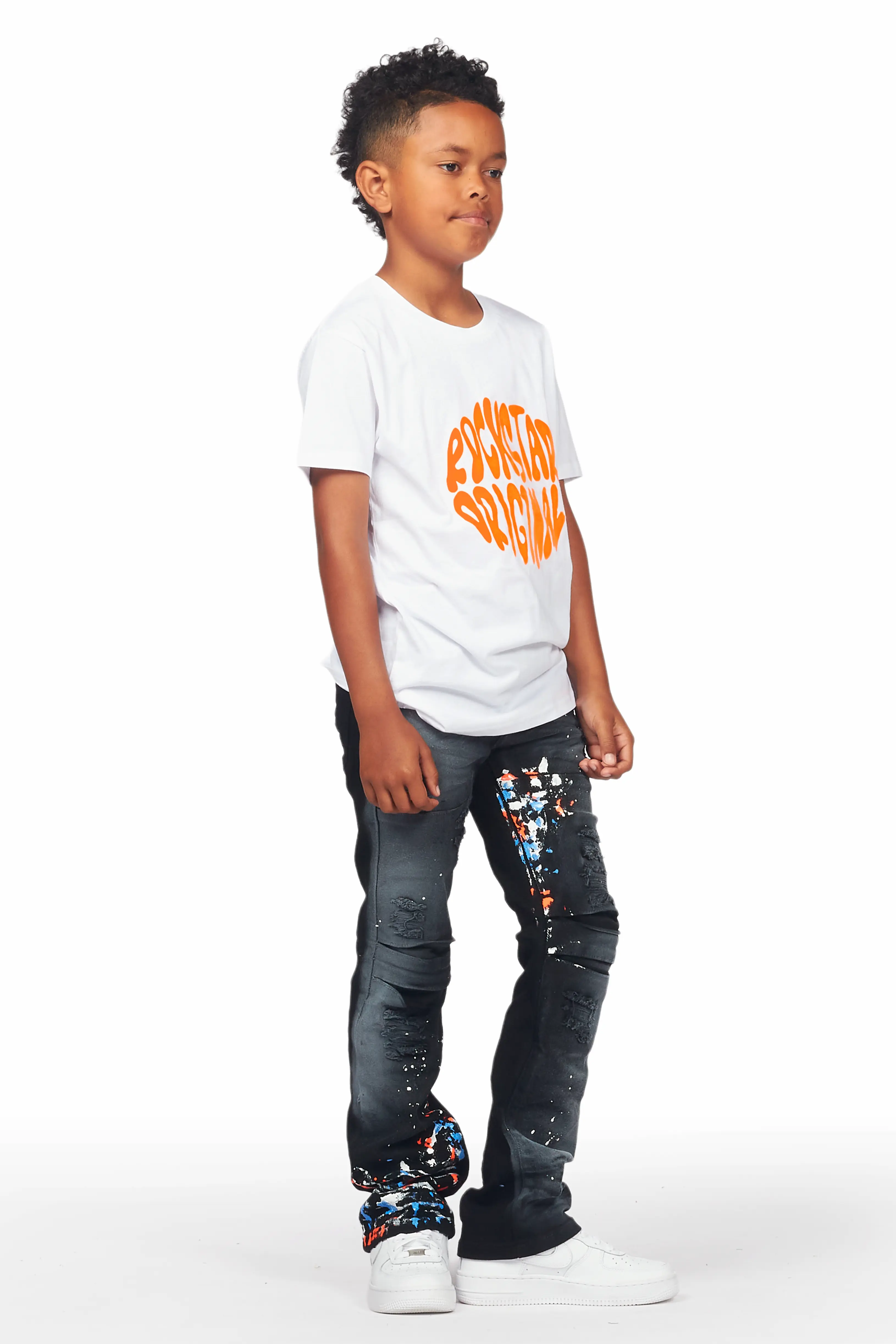 Boys Burrow White T-Shirt/Stacked Flare Jean Set - Image 3