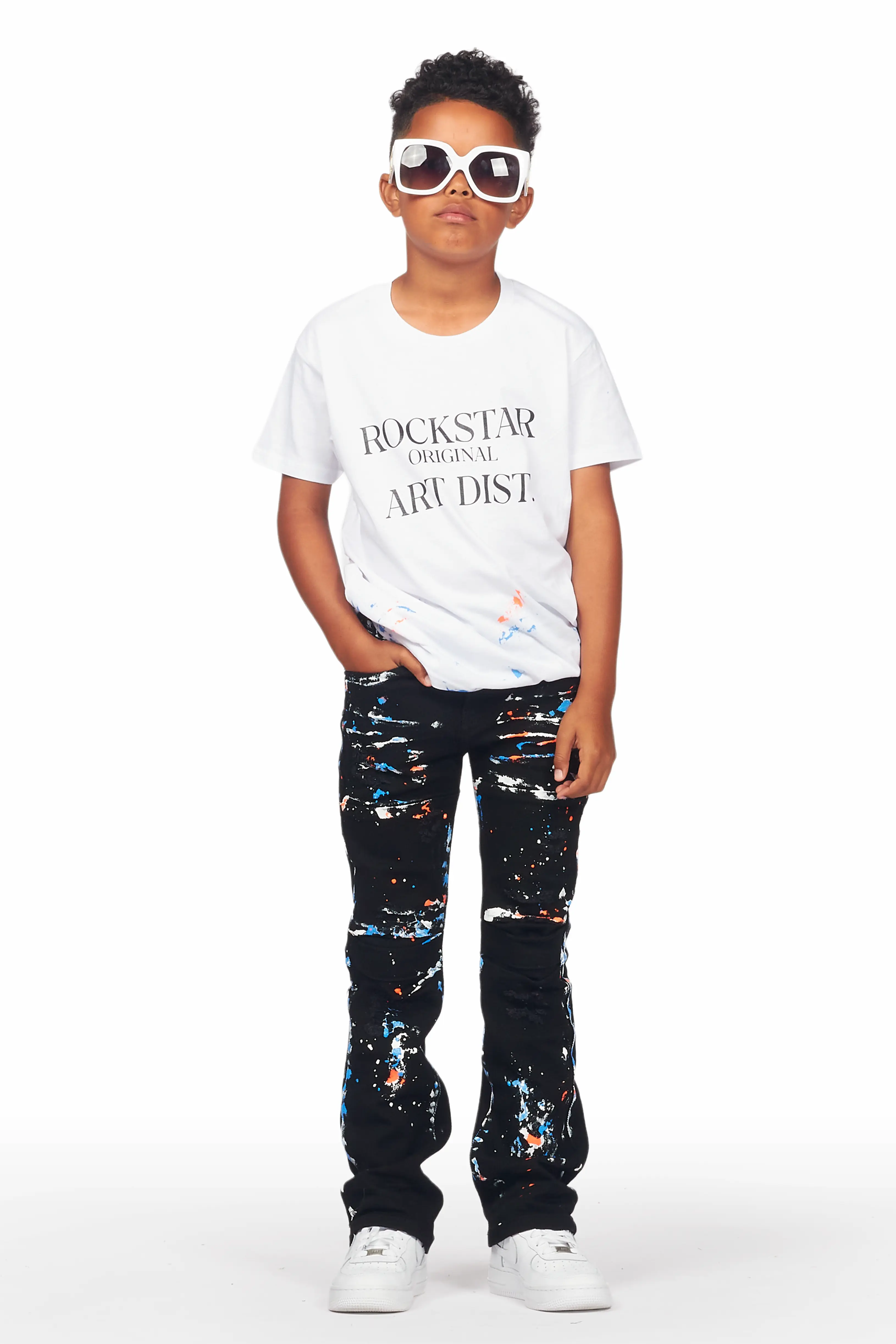 Boys Travis White T-Shirt/Stacked Flare Jean Set - Image 2