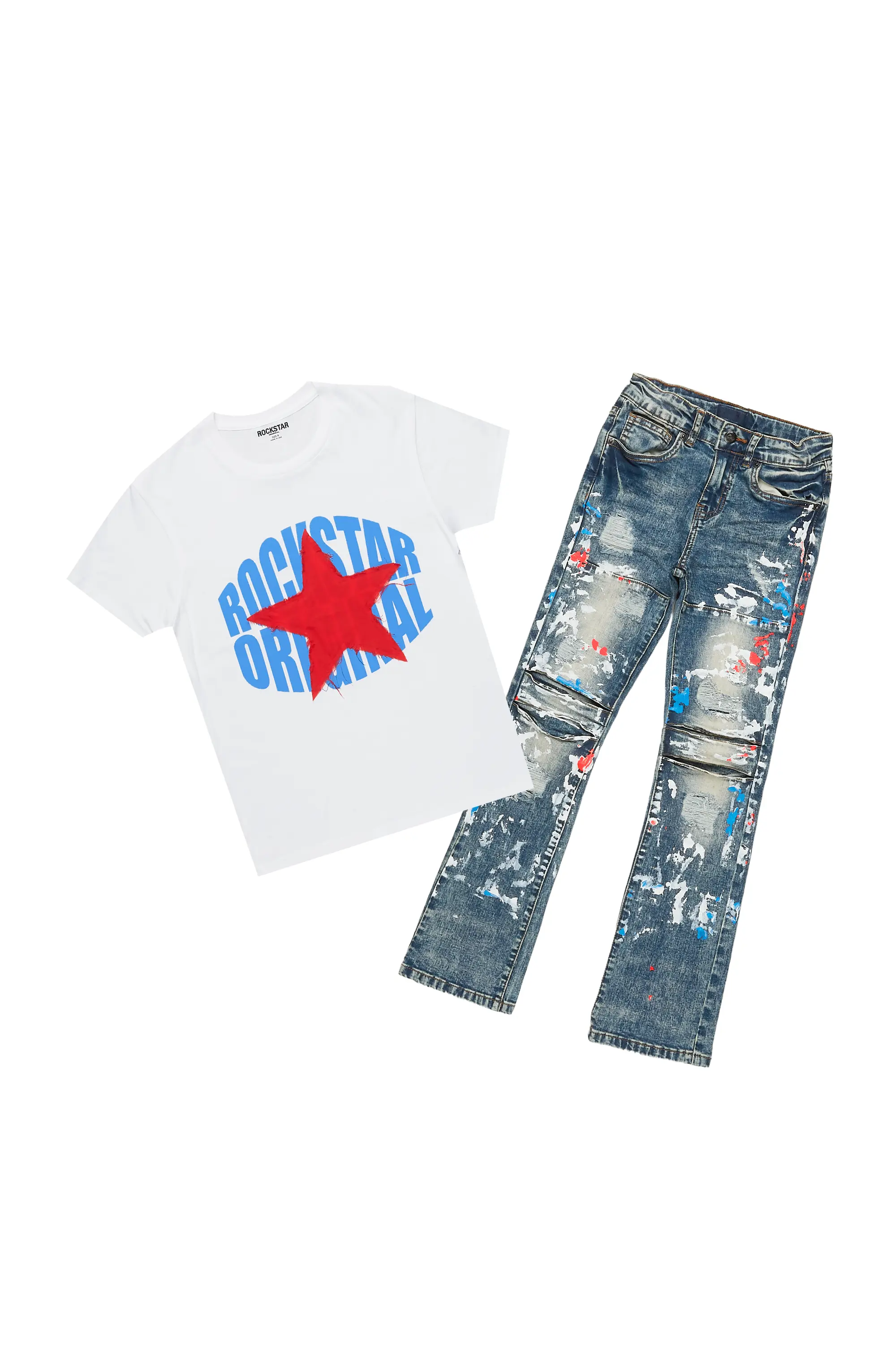 Boys Levin White T-Shirt/Stacked Flare Jean Set - Image 2