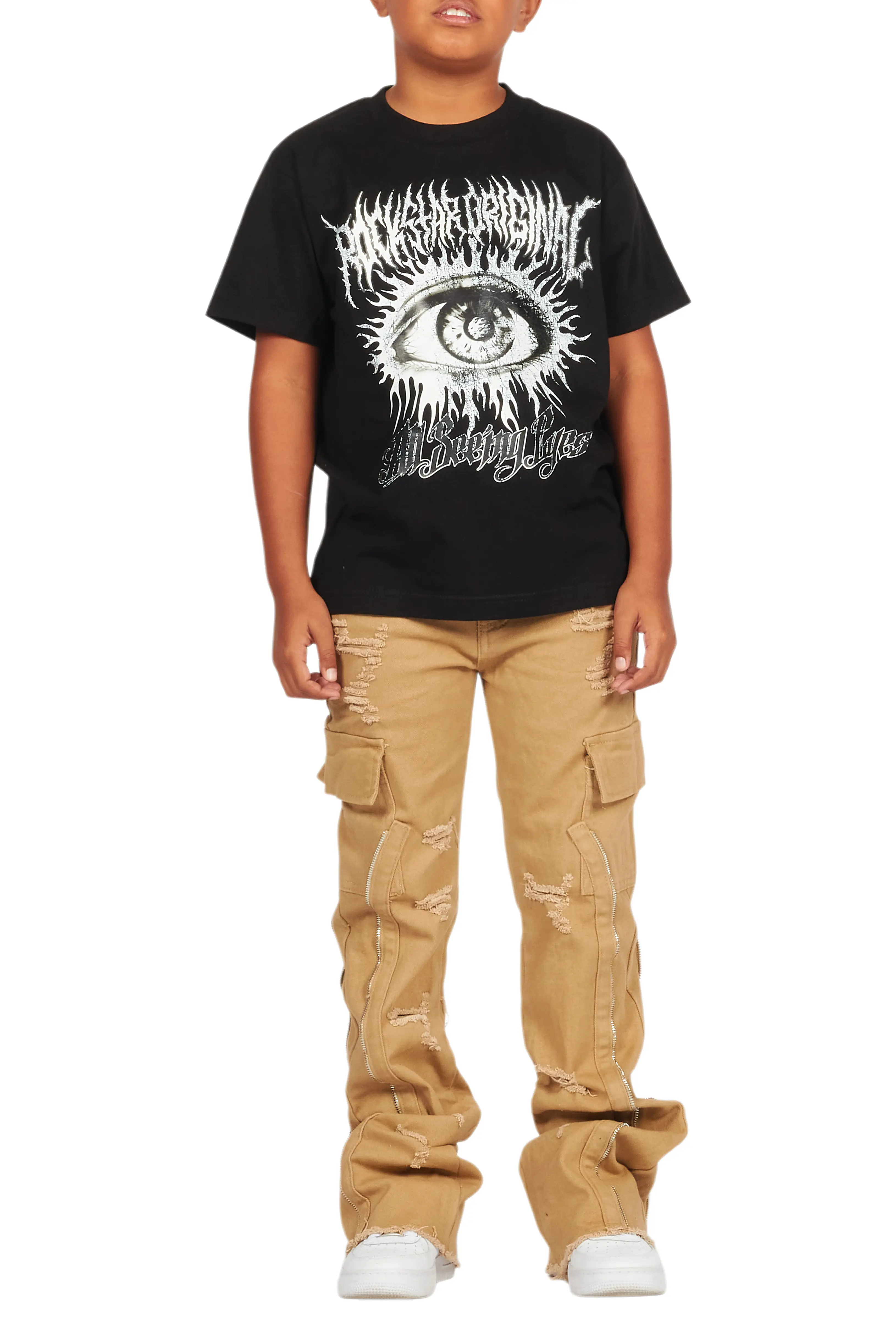 Boys All Seeing Eyes Black/Beige T-Shirt/Stacked Flare Jean Set - Image 5