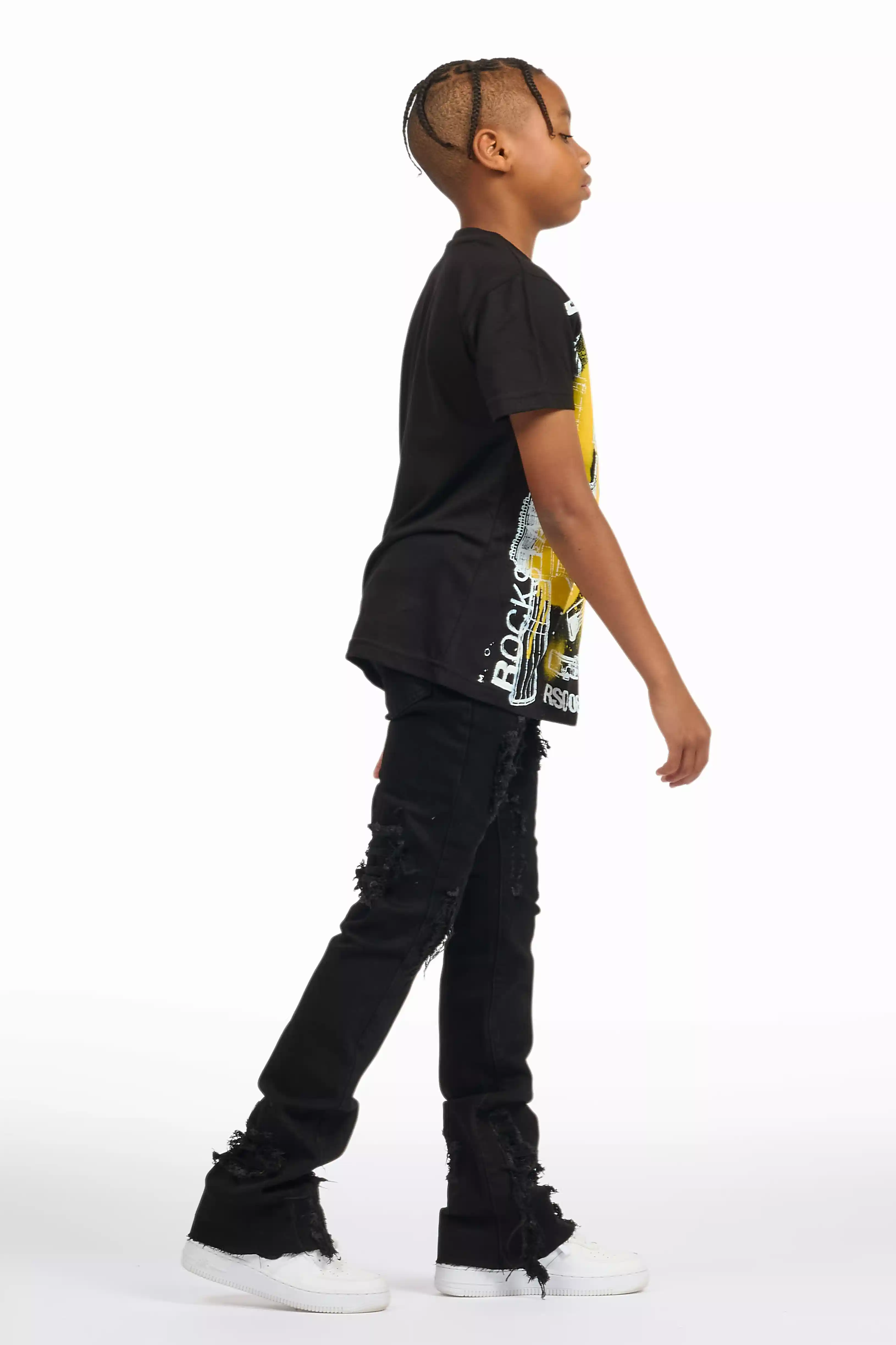 Boys Nesta Black/Yellow T-Shirt/Stacked Flare Jean Set - Image 3