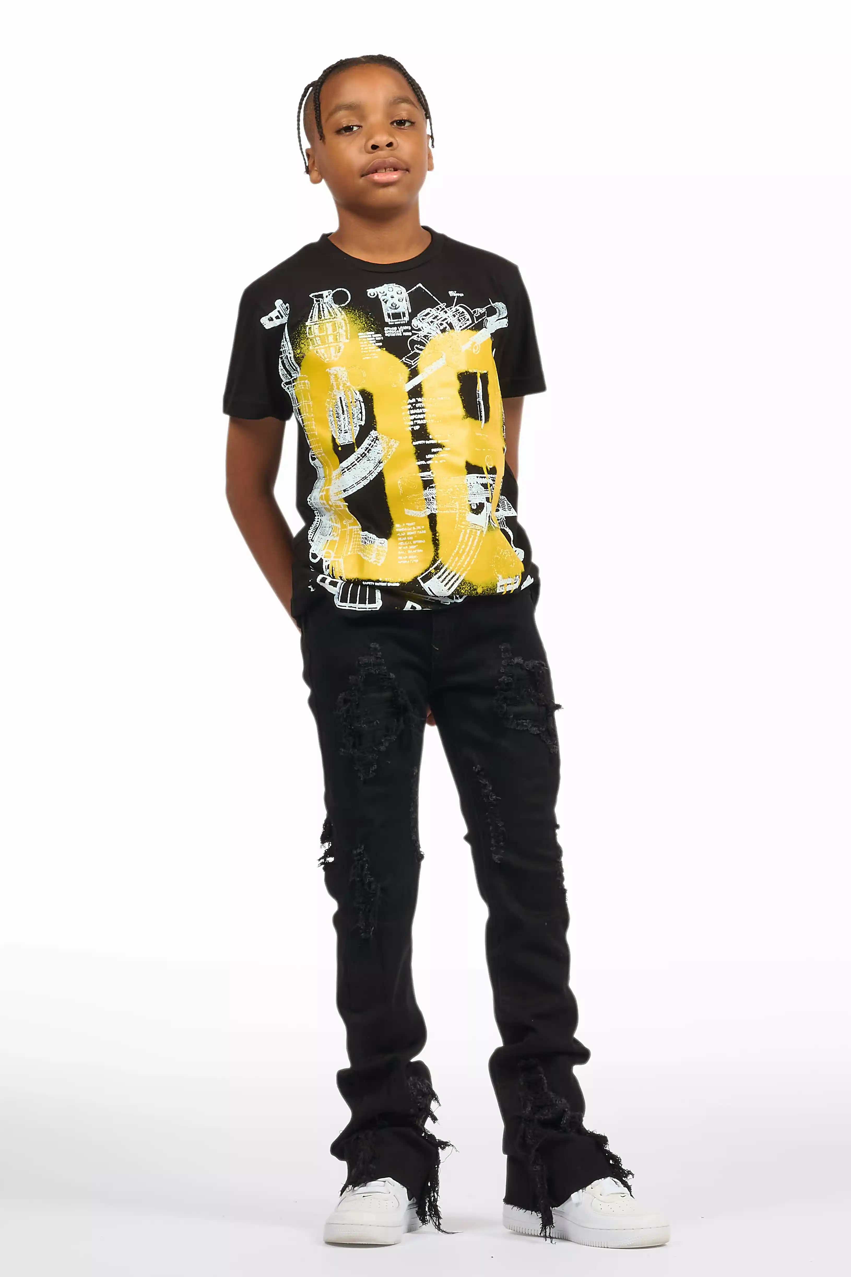 Boys Nesta Black/Yellow T-Shirt/Stacked Flare Jean Set - Image 6