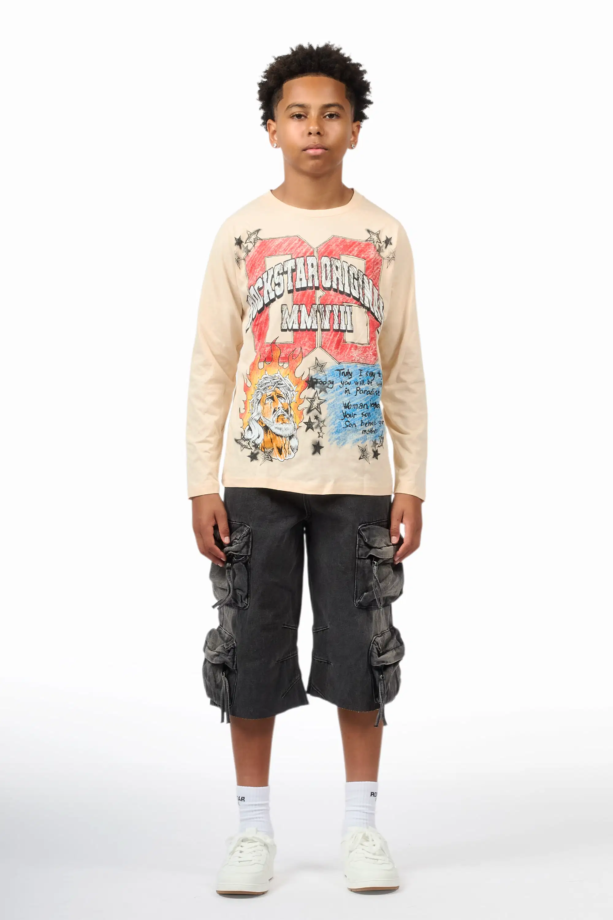 Boys Jesus Crayon Sand/Black Long Sleeve T-Shirt/Denim Short Set
