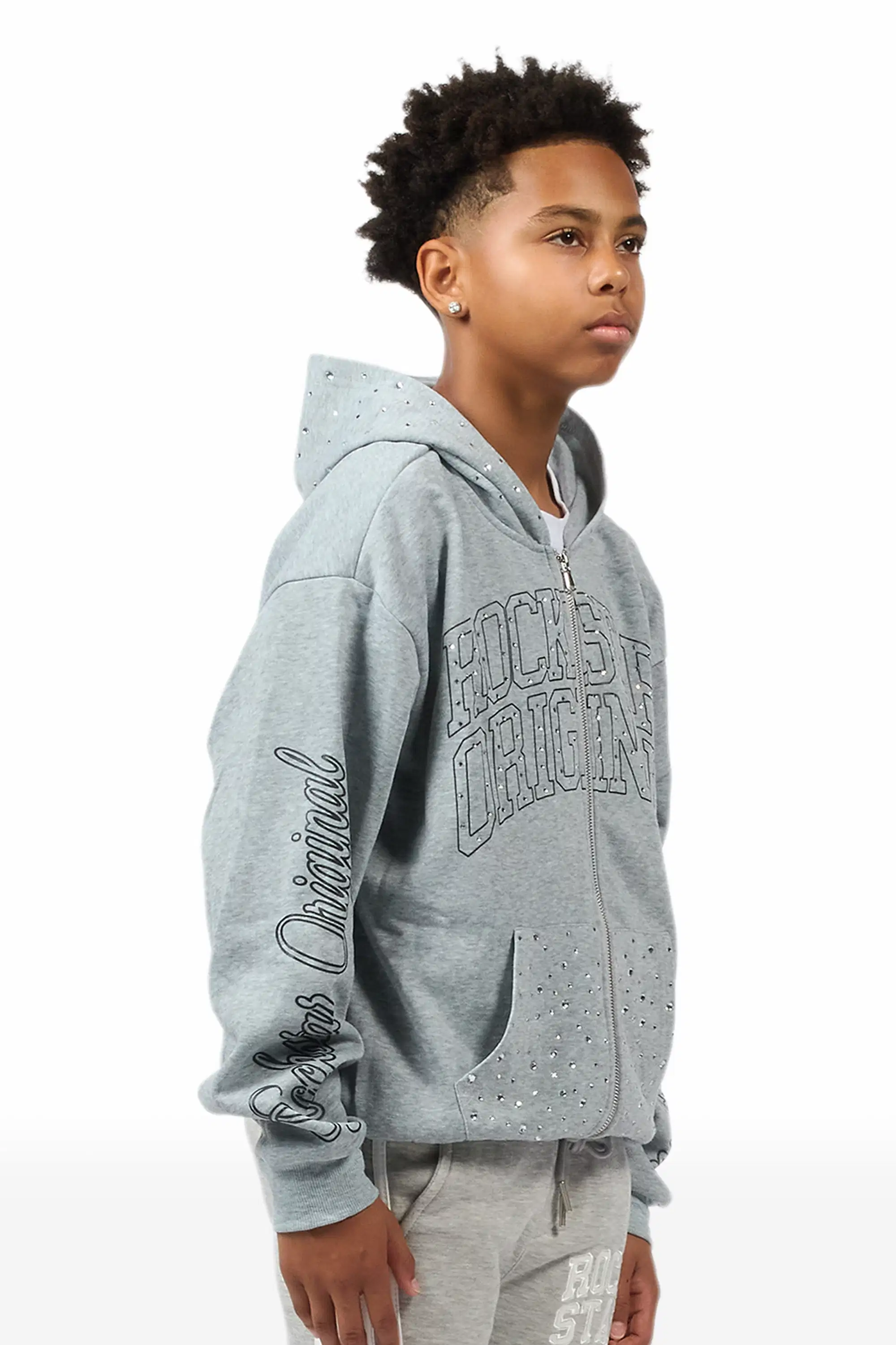 Boys Alvino Grey Rhinestone Zip Up Hoodie - Image 5