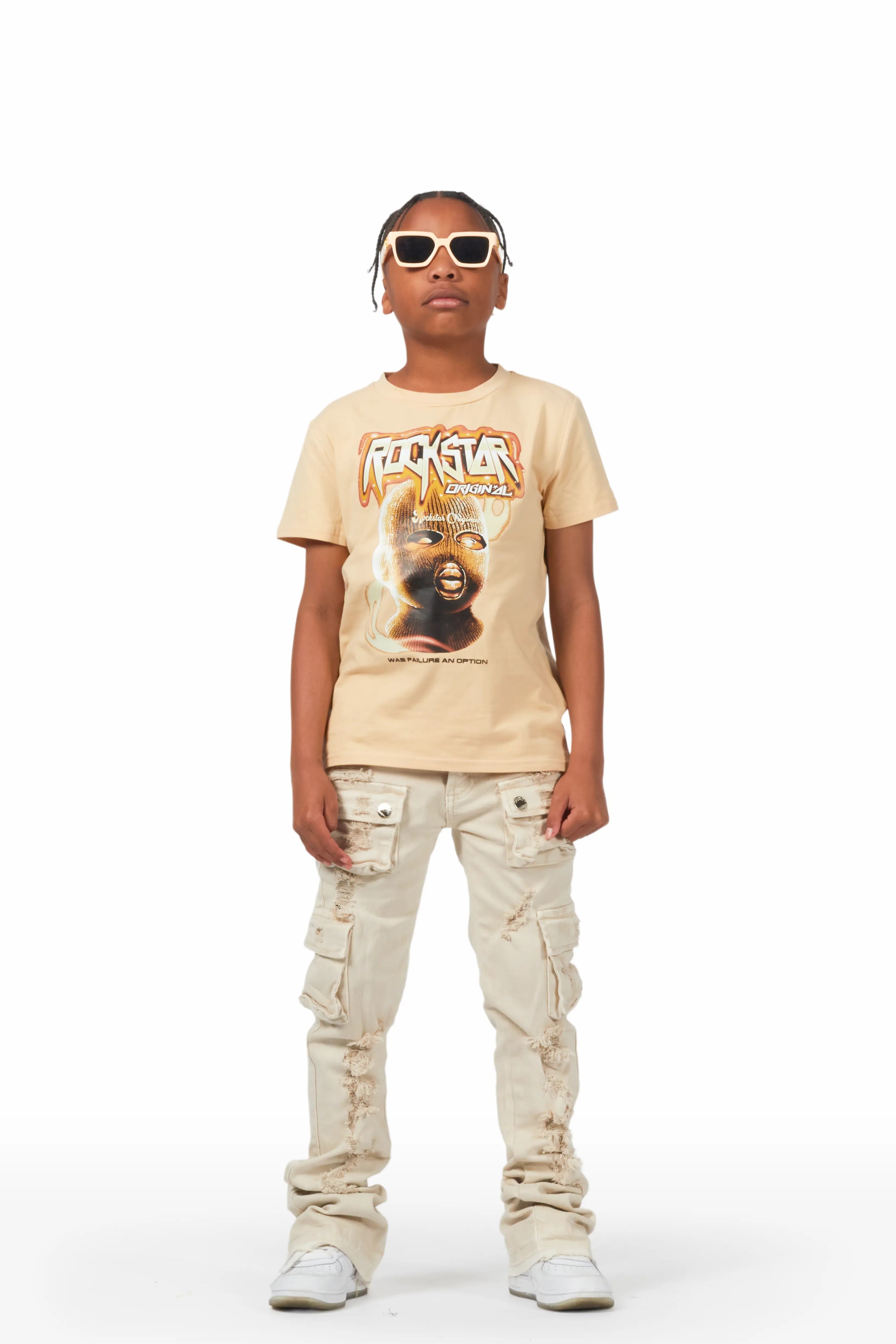 Boys Zaire Beige Cargo Super Stacked Flare Jean - Image 3