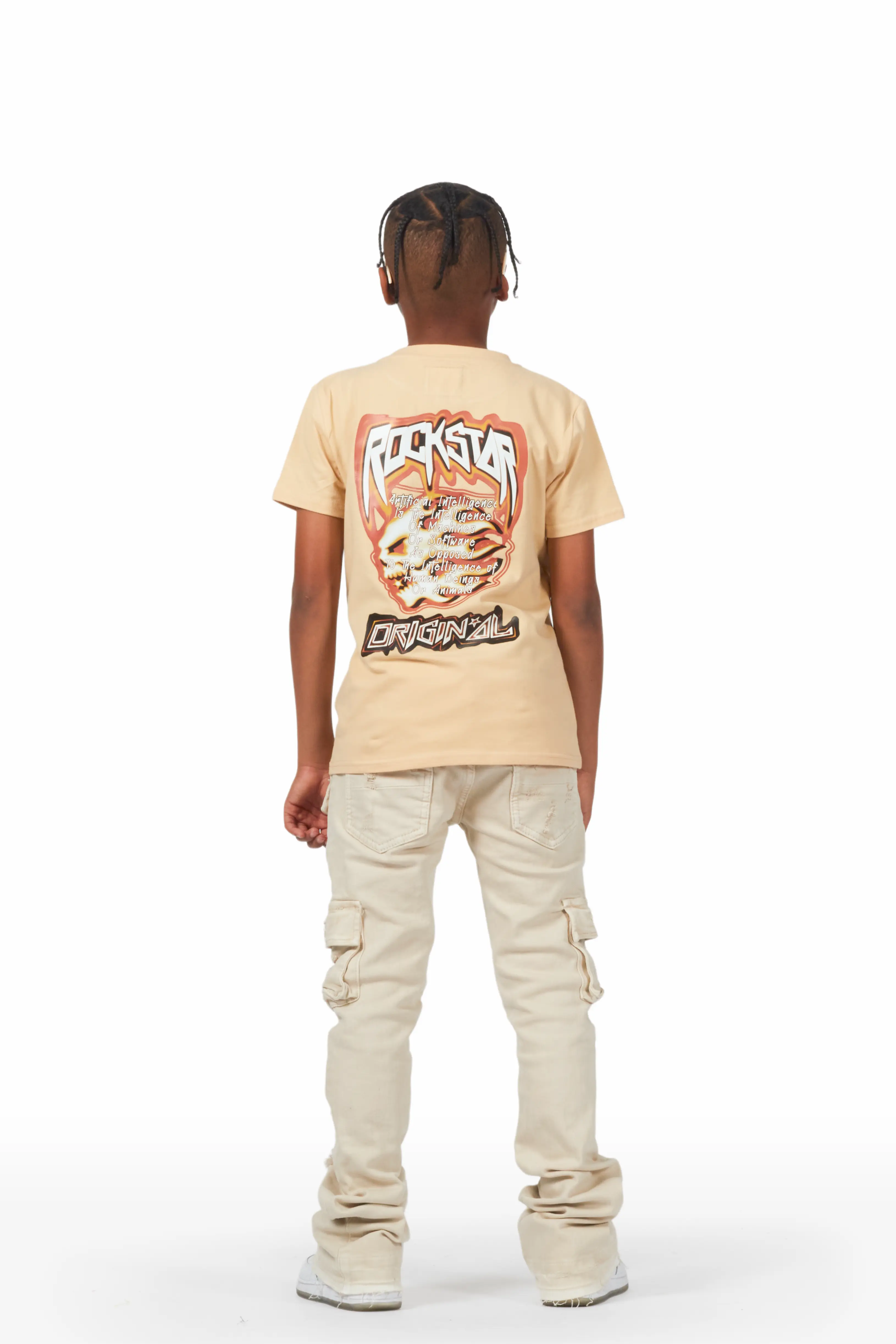 Boys Zaire Beige Cargo Super Stacked Flare Jean - Image 4