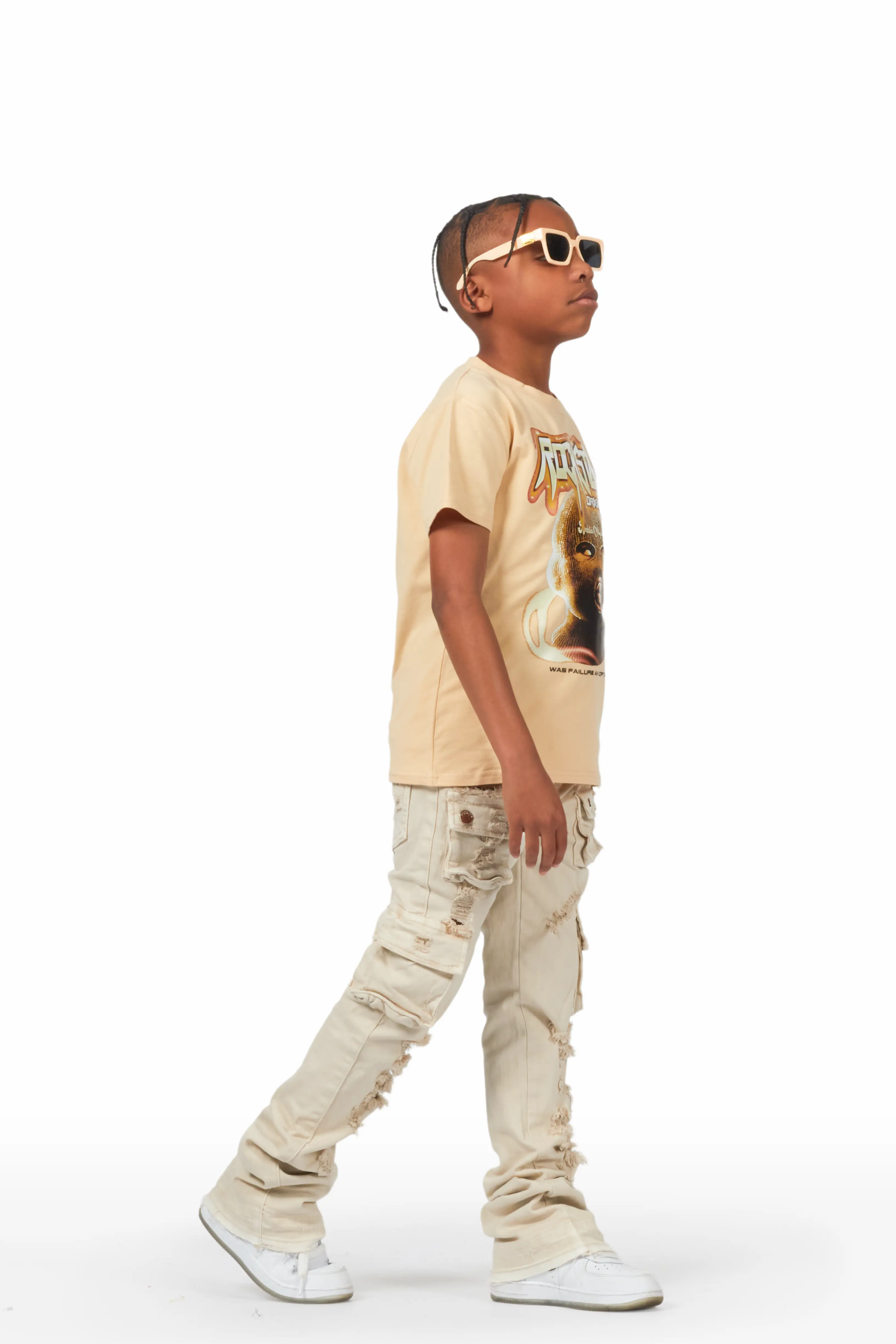 Boys Zaire Beige Cargo Super Stacked Flare Jean - Image 5