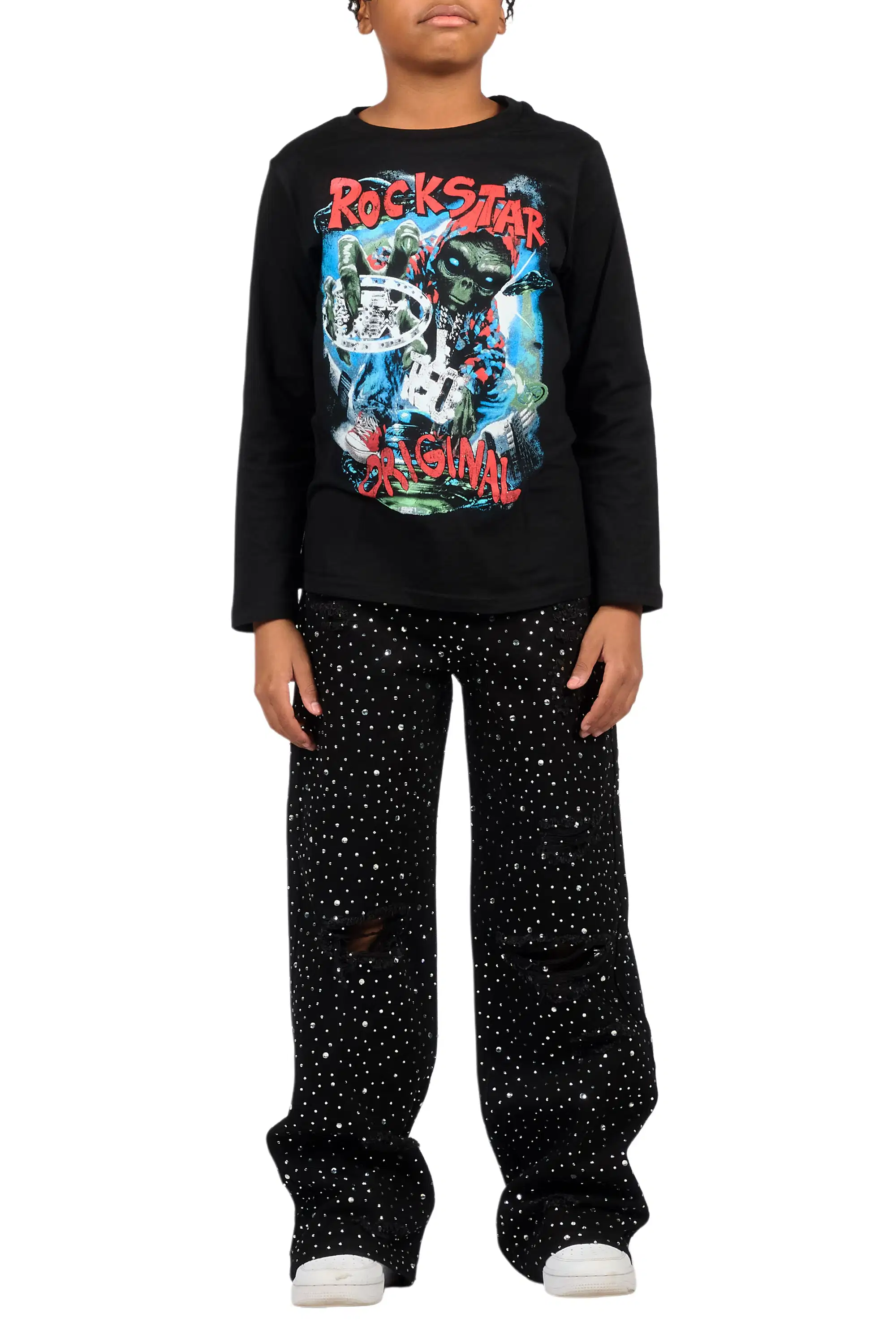 Boys Discolite Jet Black Rhinestone Baggy Jean - Image 9