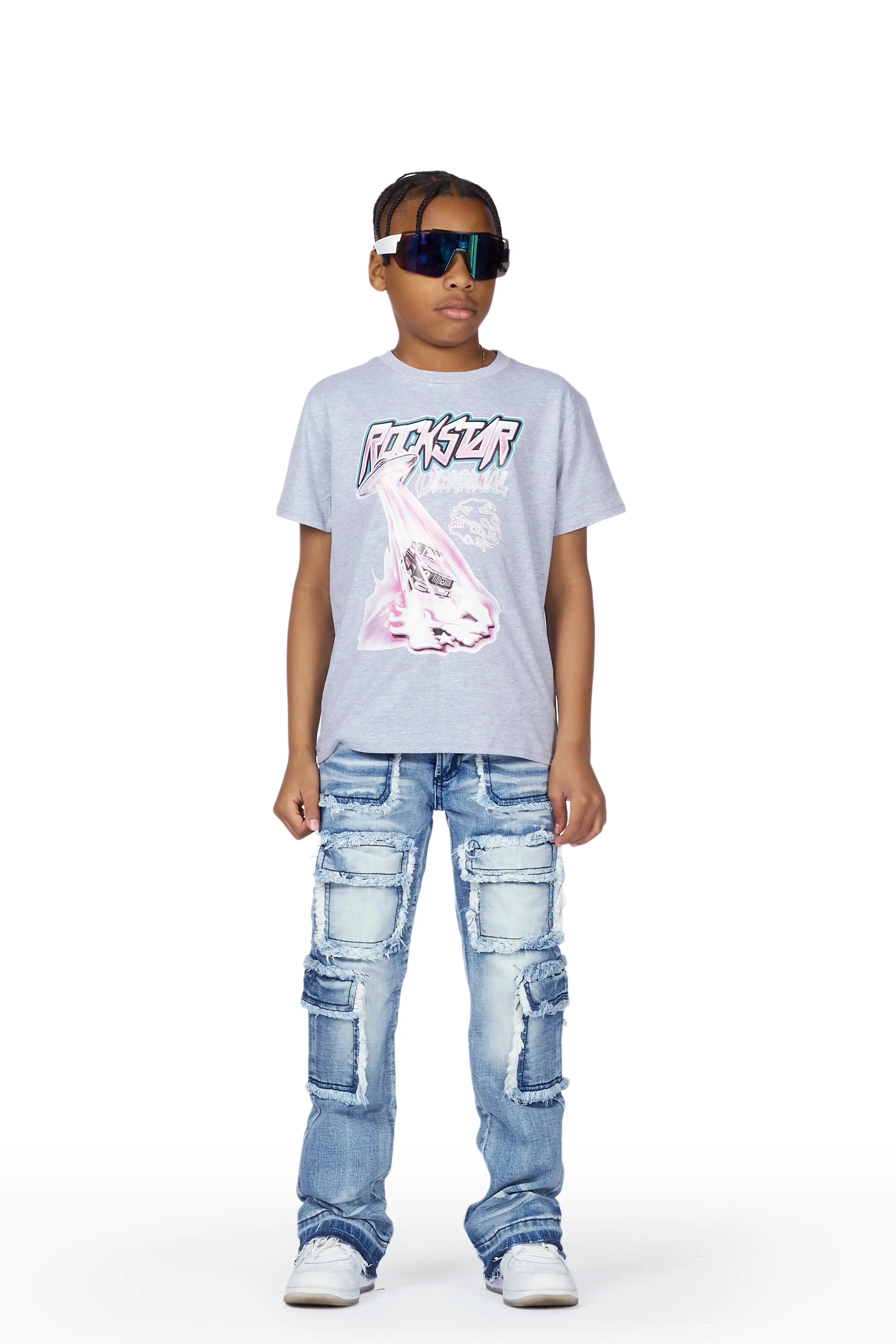 Boys Tyrell Blue Stacked Flare Cargo Jean - Image 3
