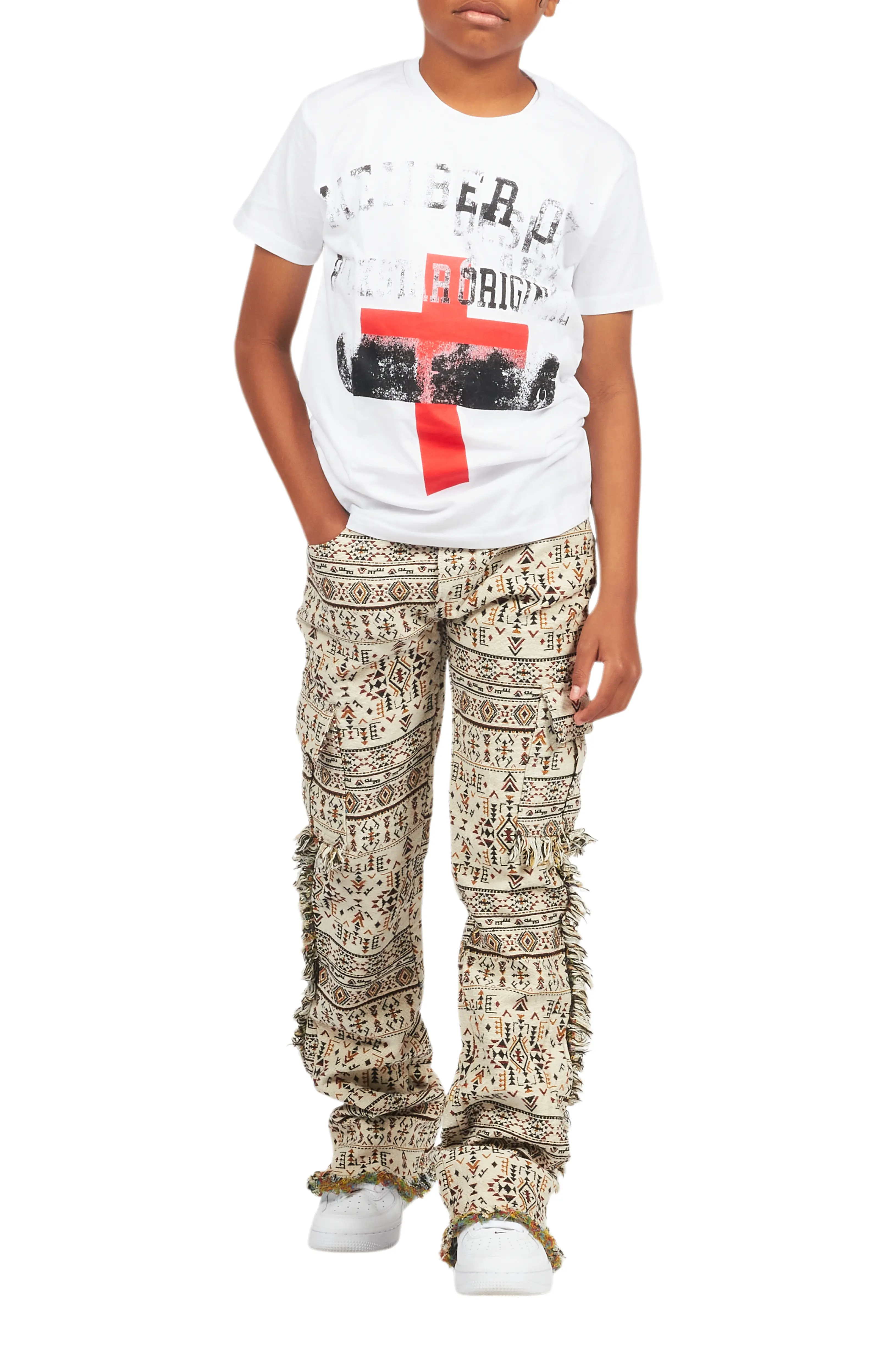 Boys Ayami Beige Slim Tapestry Flare Pants - Image 10