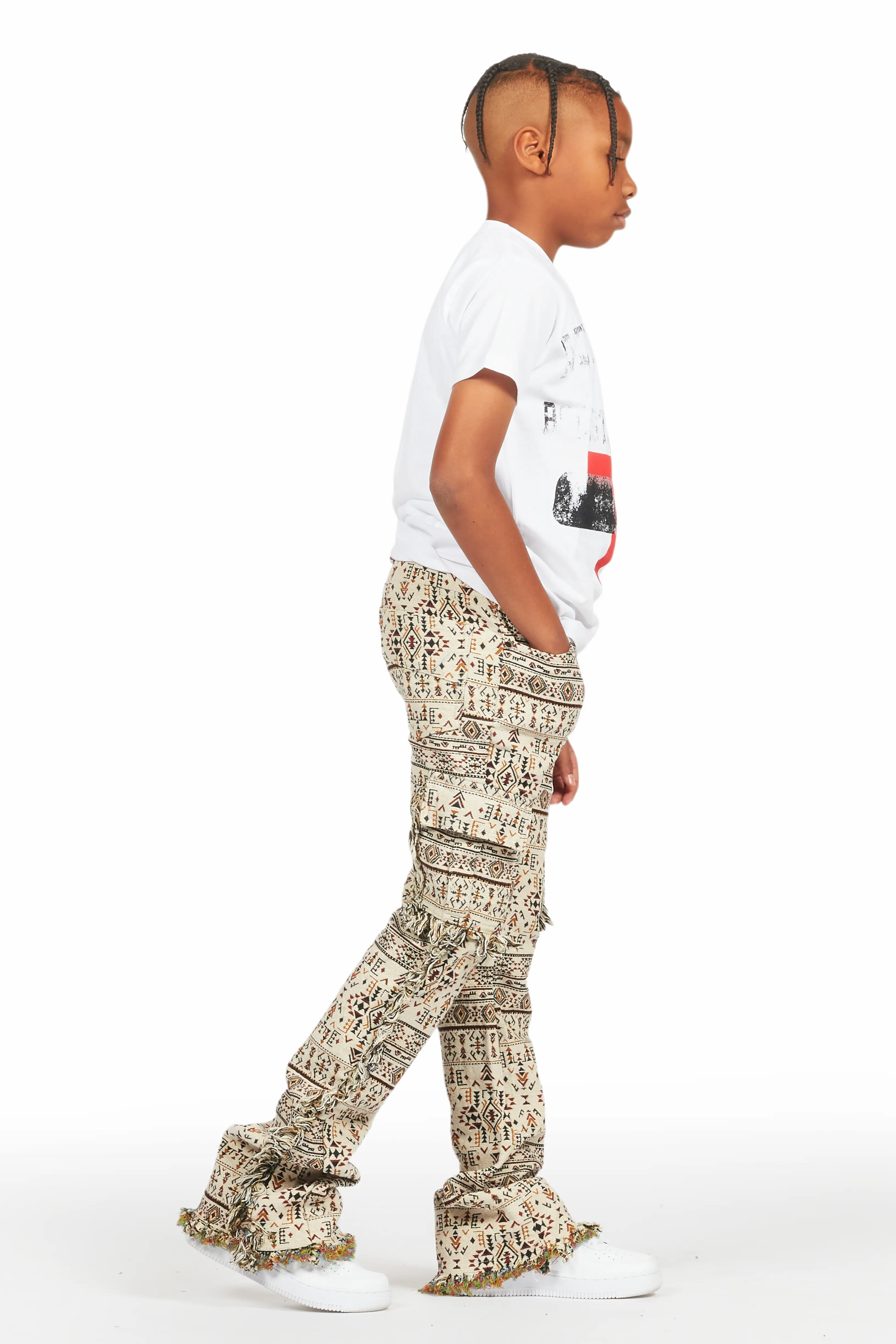 Boys Ayami Beige Slim Tapestry Flare Pants - Image 5