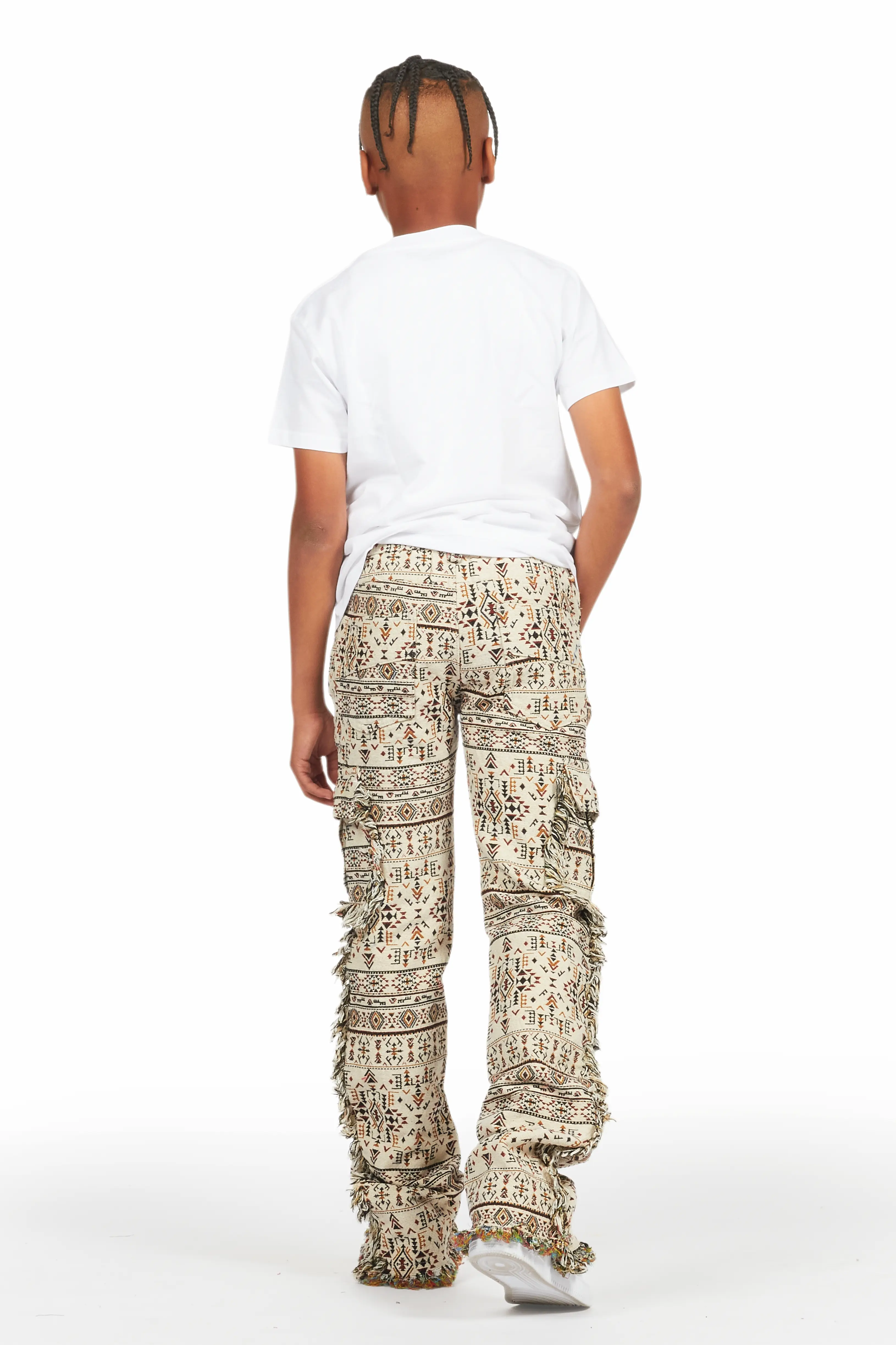 Boys Ayami Beige Slim Tapestry Flare Pants - Image 6