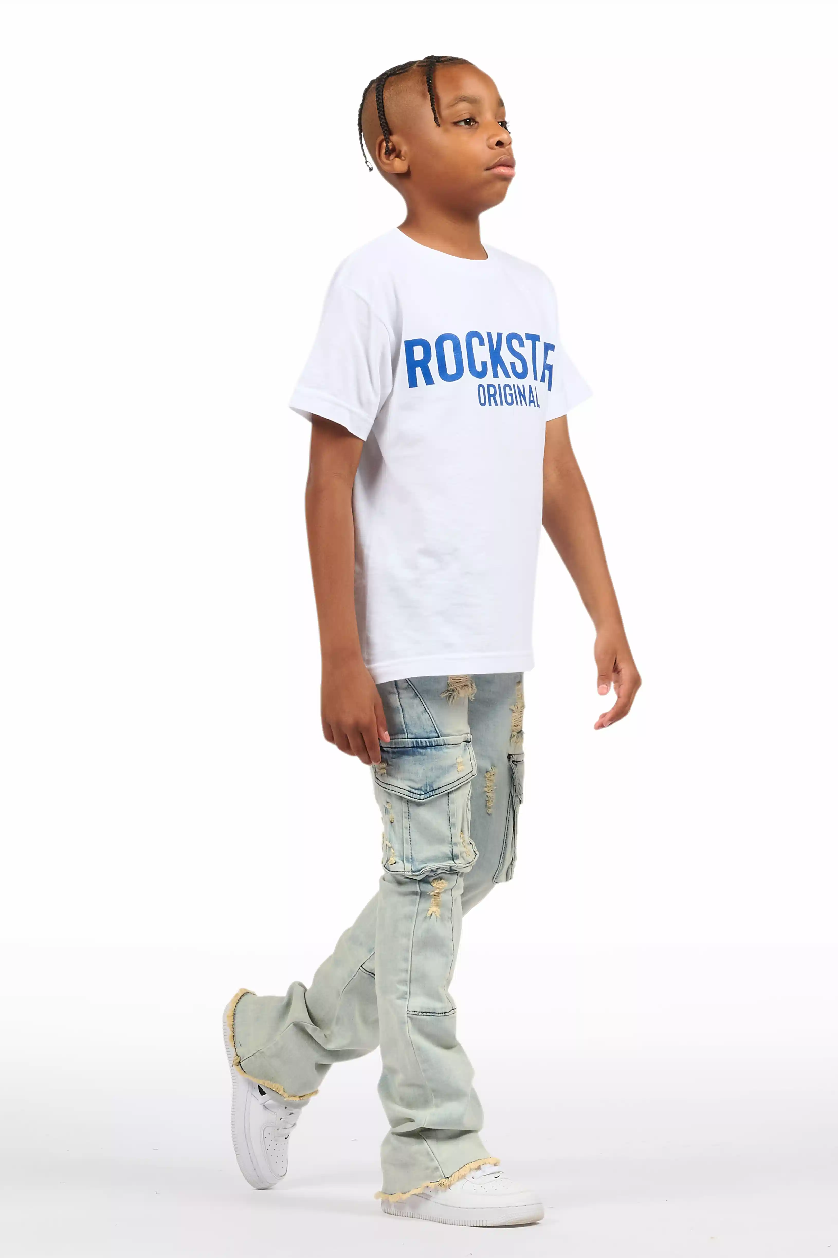 Boys Adalee Blue Slim Stacked Flare Cargo Jean - Image 7